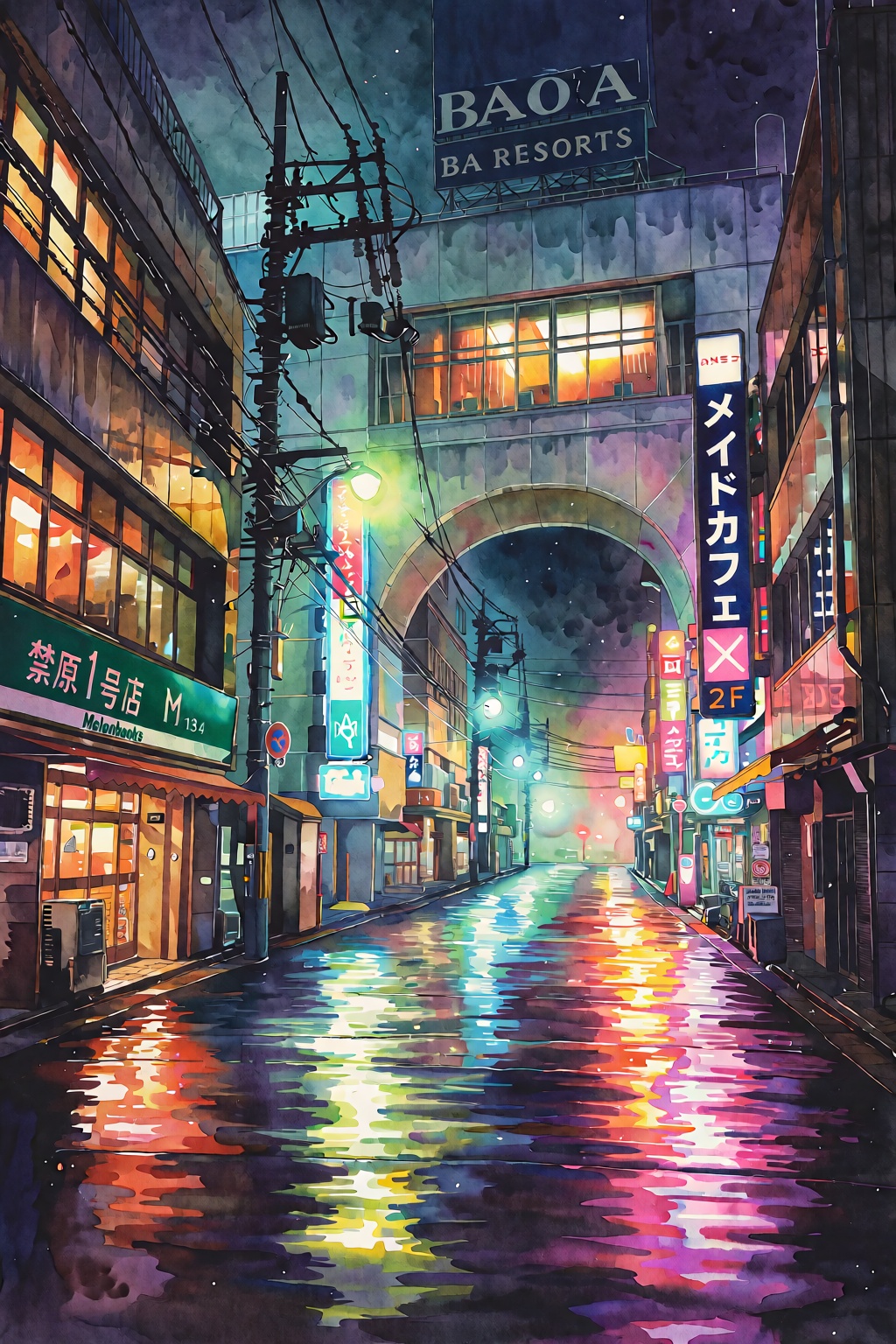 This is a highly detailed,  atmospheric illustration depicting a narrow,  rain-slicked street in a Japanese urban setting...