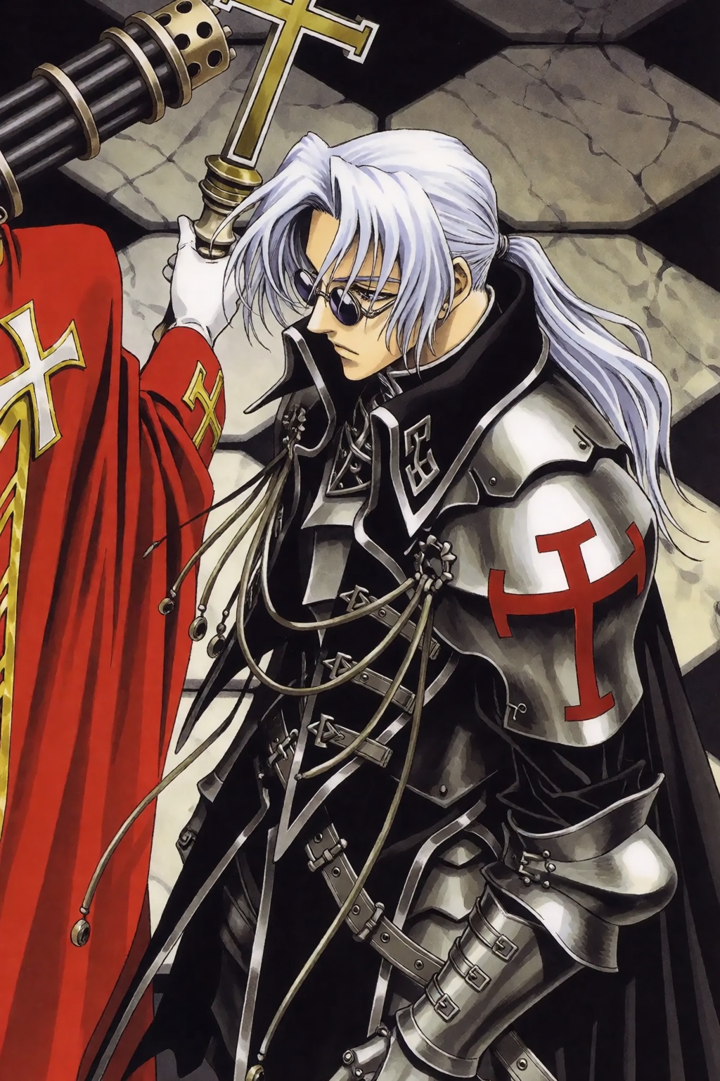 The image displays a stylized,  detailed illustration of a man with long,  light silver or white hair pulled back in a loo...