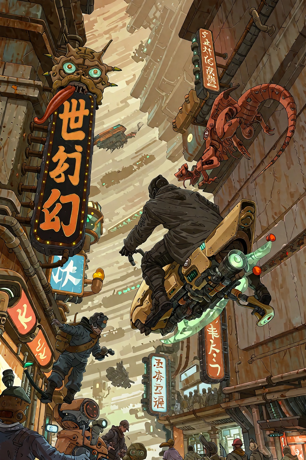 This intricate and highly detailed science fiction illustration depicts a dense,  vertical cityscape characterized by a de...