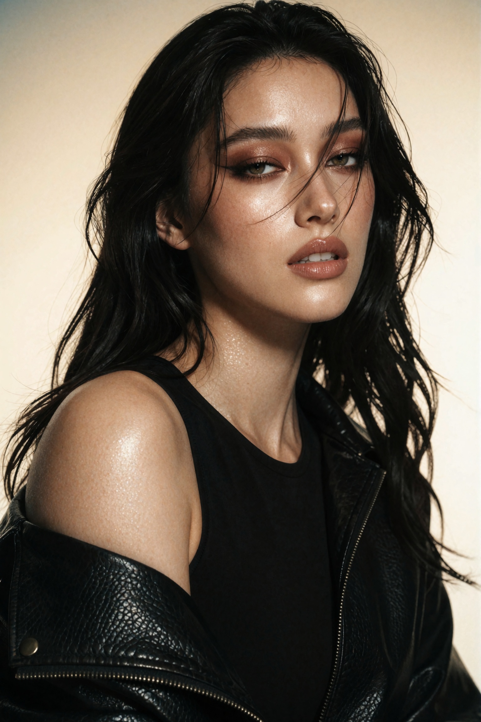 Cinematic high-end warm beauty editorial photograph of a young woman in a close-up portrait,  head tilted slightly with a...