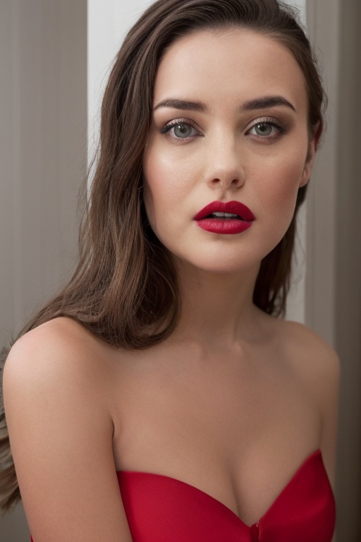 kath,  Face to knee Shot a pretty young woman in dark cinemetic look with white skin tone wearing a strapless sweet heart...