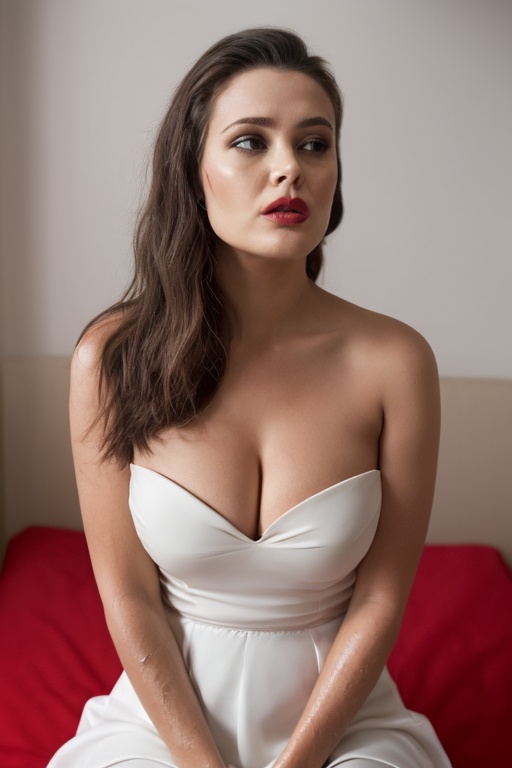 kath,  Face to knee Shot a pretty young woman in dark cinemetic look with white skin tone wearing a strapless sweet heart...