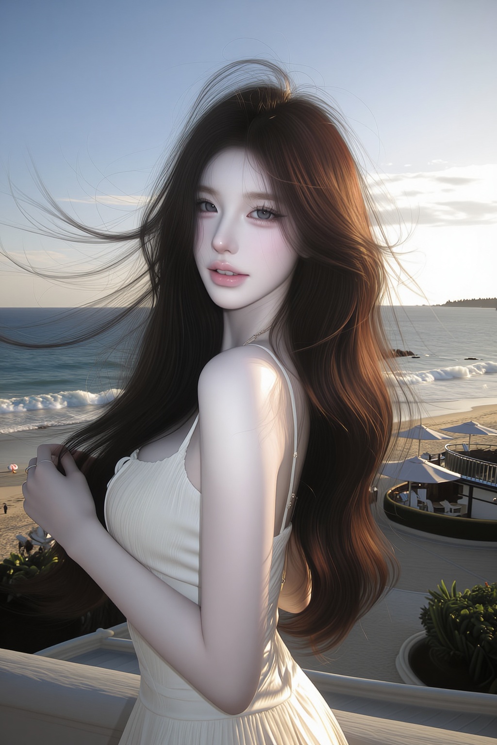 puppie,  (1. A woman),  long flowing dark brown hair moving softly in the wind on Tensor.Art