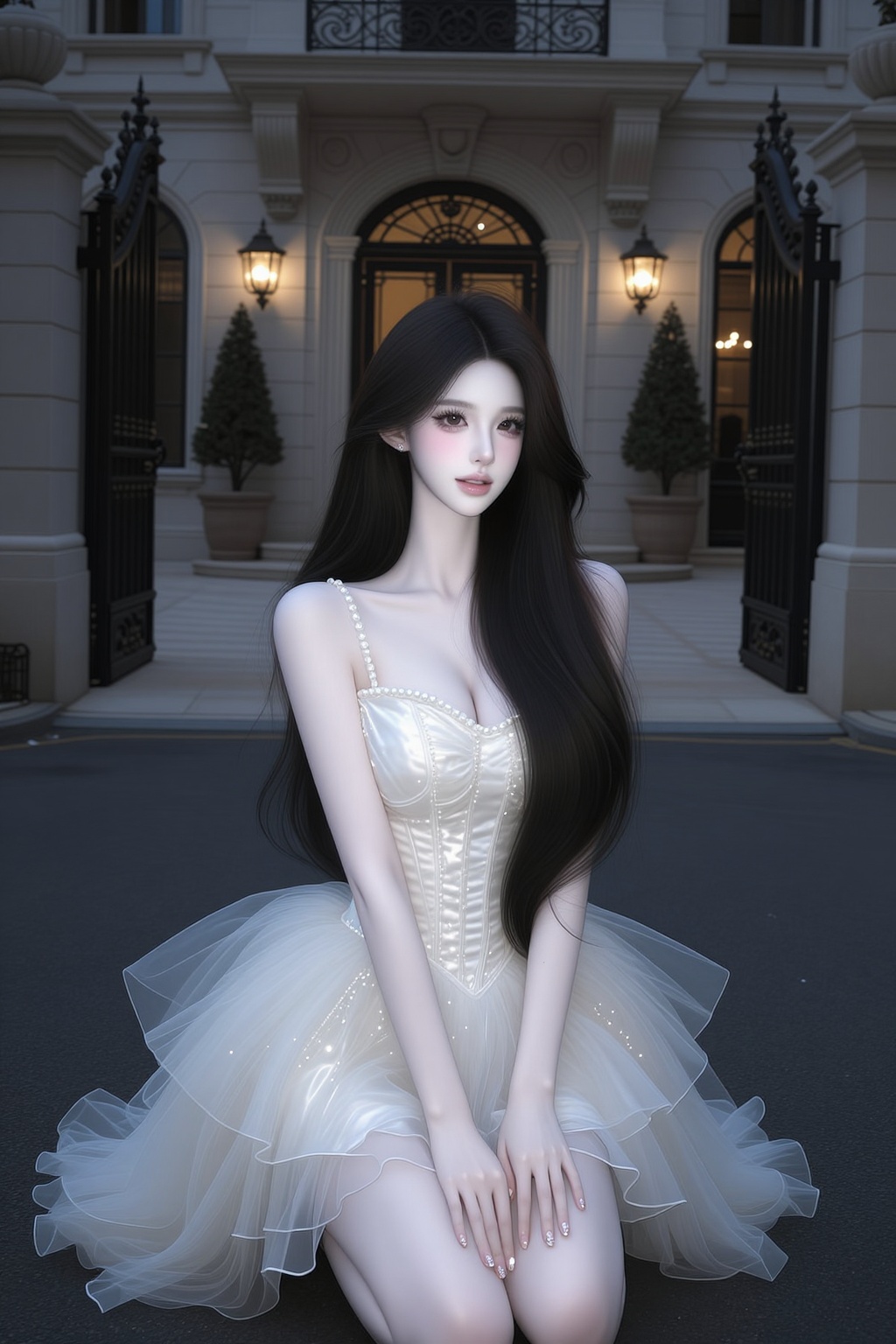 (1. A woman),  long flowing black hair with soft natural waves,  (side swept bangs) on Tensor.Art