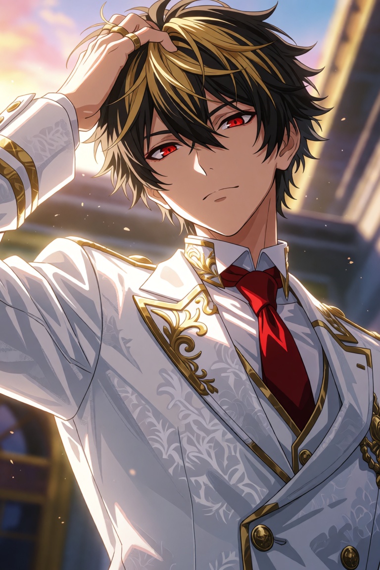 A masterpiece anime digital illustration of an elite male prodigy captured from a dynamic low-angle perspective looking sl...