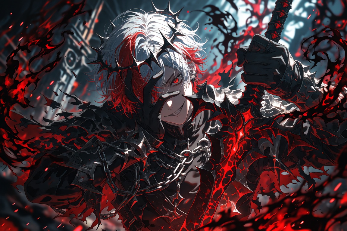 A masterfully detailed fantasy anime card illustration of an unhinged male warrior in a dynamic medium shot. He wears a ja...