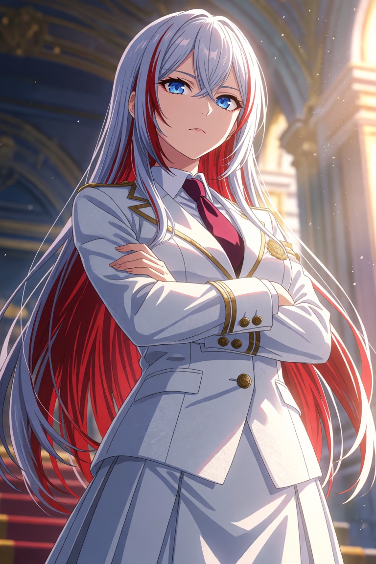 A masterpiece anime digital illustration of an elite female prodigy captured from a dynamic low-angle perspective looking...