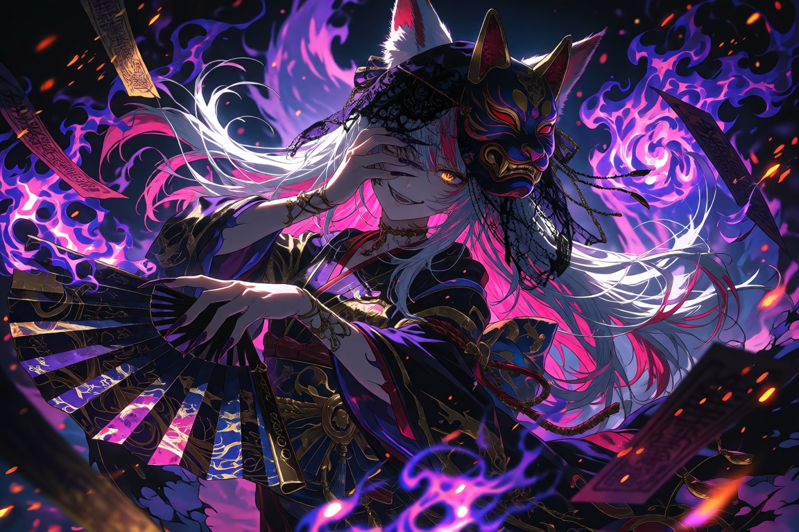 A masterfully detailed fantasy anime card illustration of an unhinged female kitsune demon in a dynamic medium shot. She f...