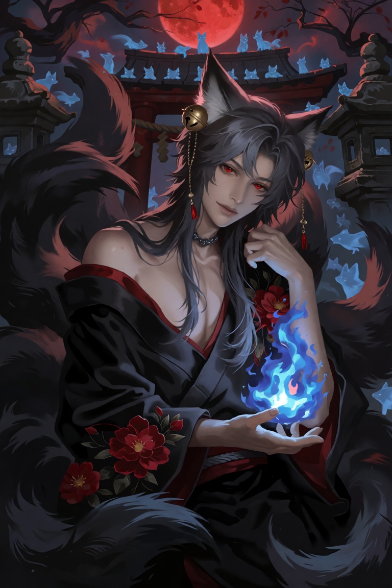 create a digital illustration in a semi realistic artstyle: An alluring ***** kitsune man with long smoky-gray hair,  nine...