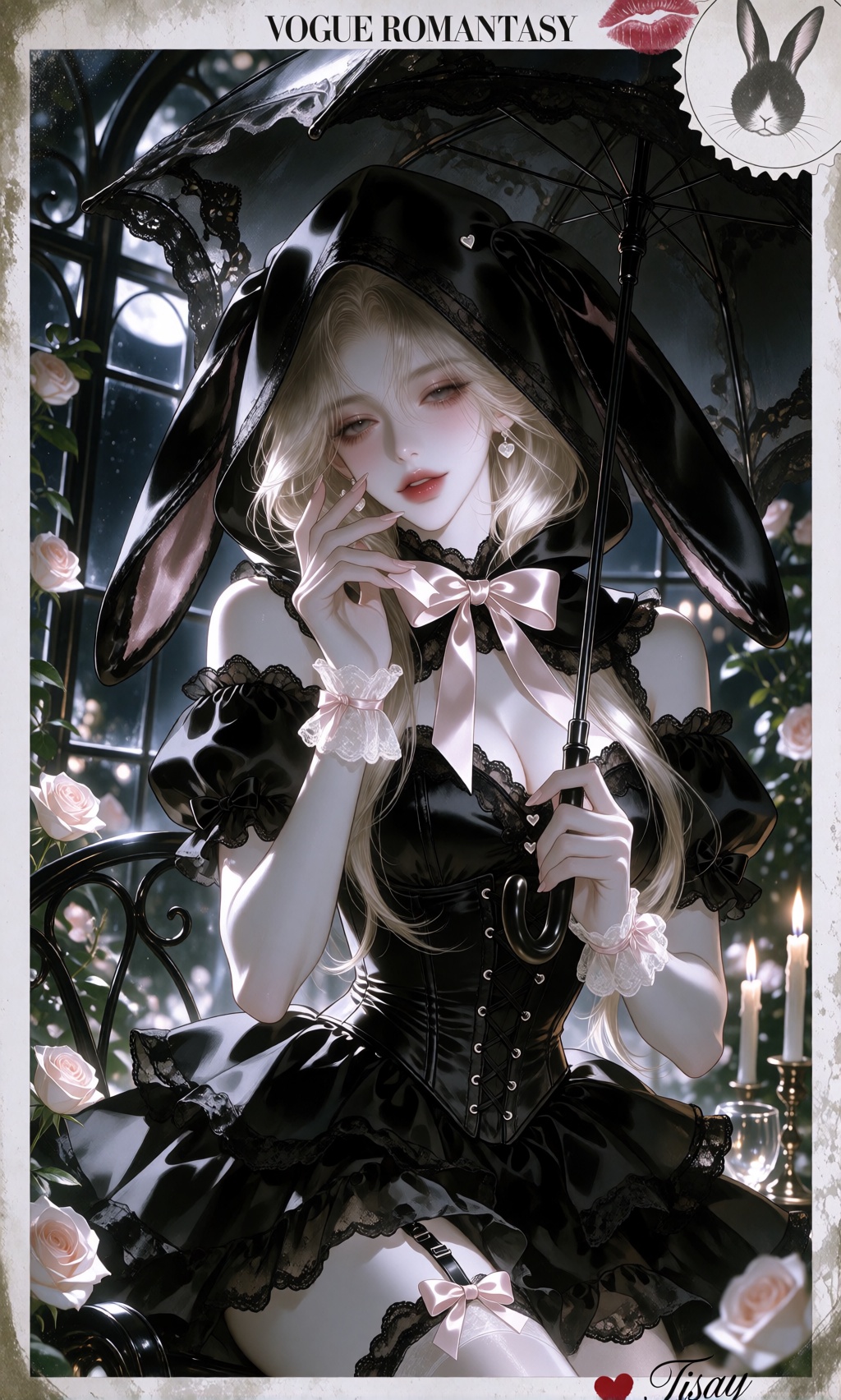 Small elegant “VOGUE ROMANTASY” text at top. grungey off-white sleek post-card border,  bunny pictograph stamp upper right...