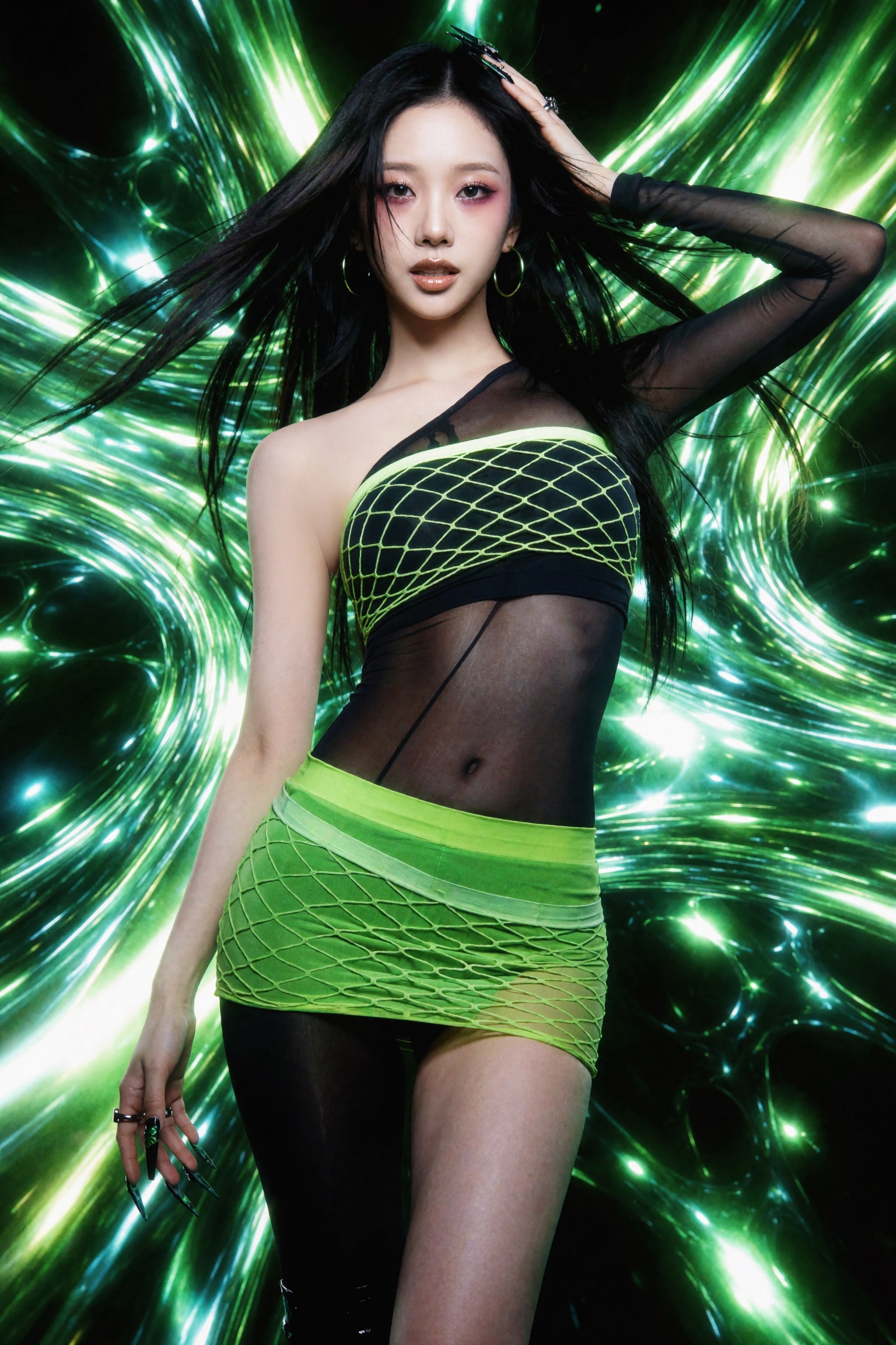 A young woman with long black hair floating upward and outward as if suspended in wind poses dynamically against an abstra...