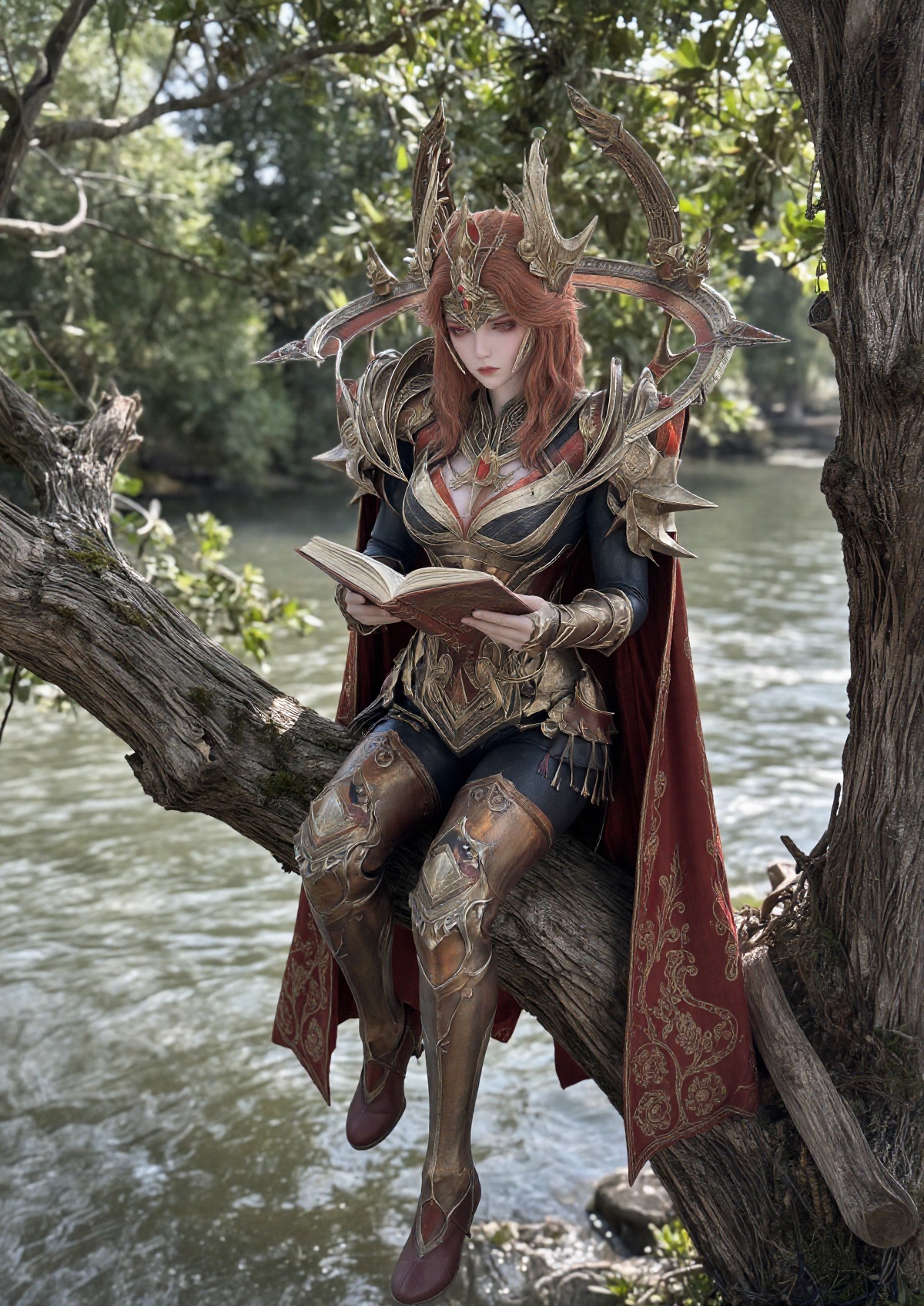 A Princess with fair skin,  striking red eyes,  and a stern expression wears long on Tensor.Art