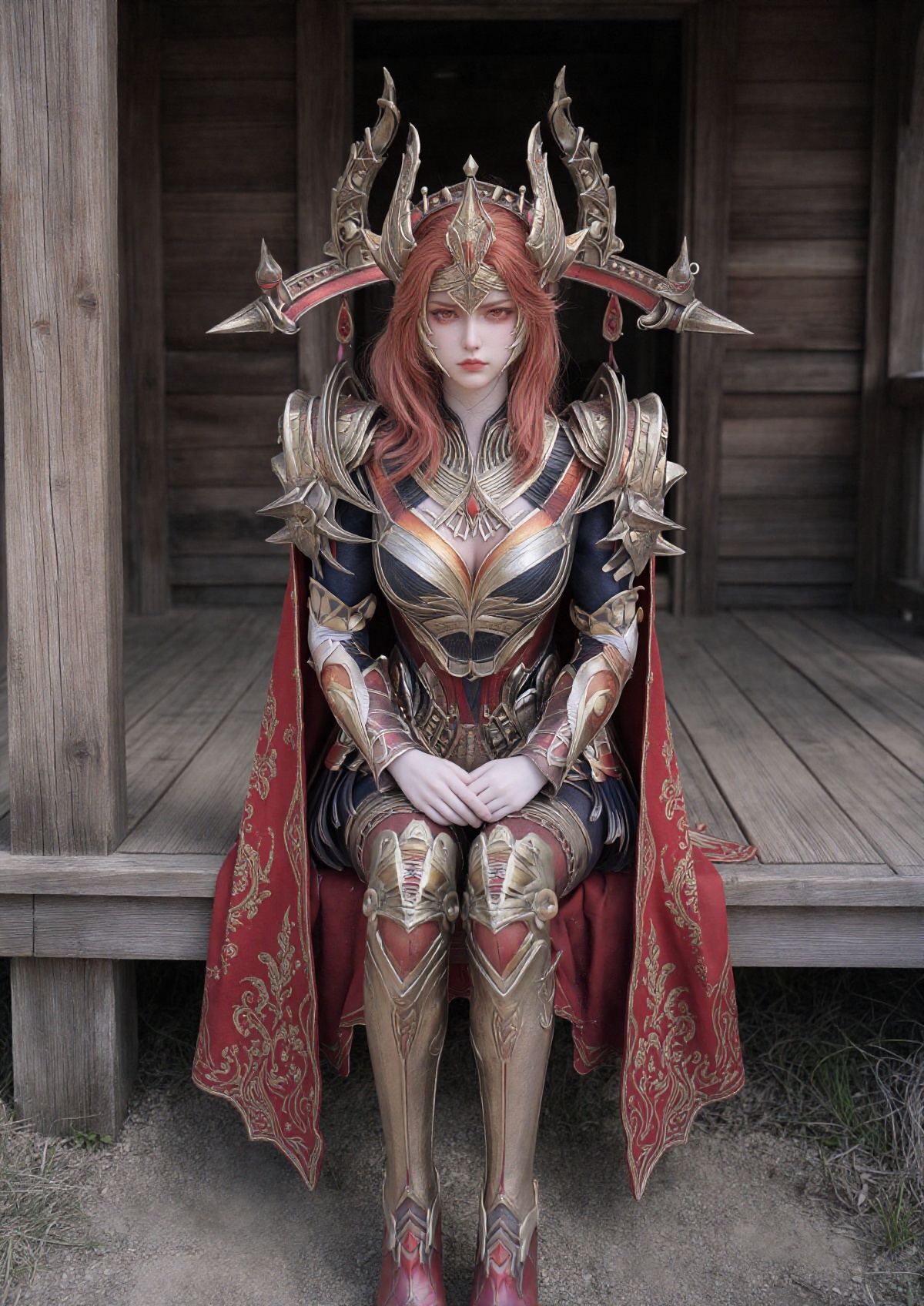 A Princess with fair skin,  striking red eyes,  and a stern expression wears long on Tensor.Art