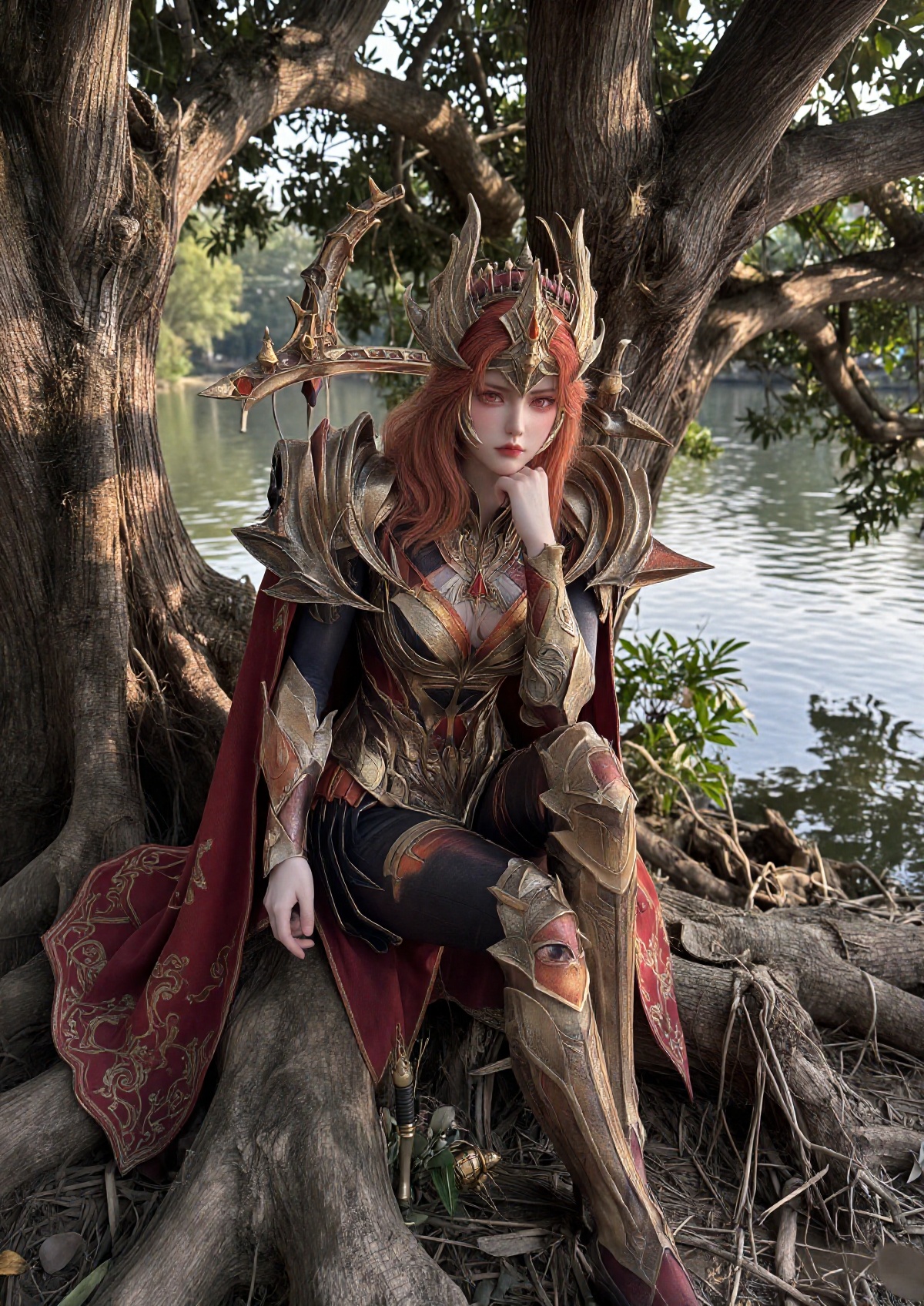 A Princess with fair skin,  striking red eyes,  and a stern expression wears long on Tensor.Art
