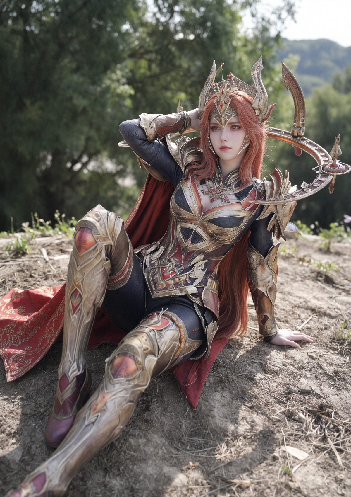 A Princess with fair skin,  striking red eyes,  and a stern expression wears long on Tensor.Art
