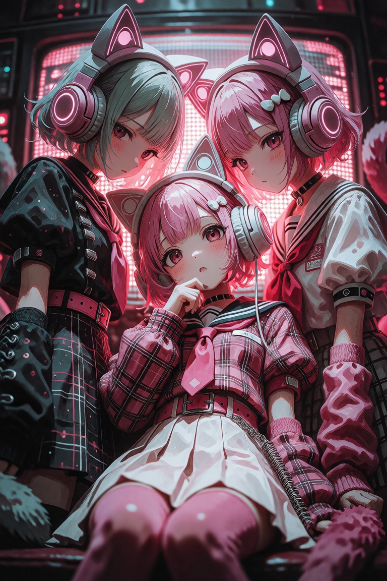 2girls,  ahoge,  animal ear headphones on Tensor.Art
