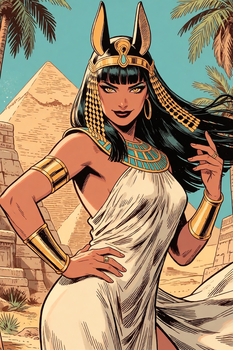 A full-body comic-book illustration of a confident female Egyptian pharaoh with warm bronze skin,  long flowing black hair...