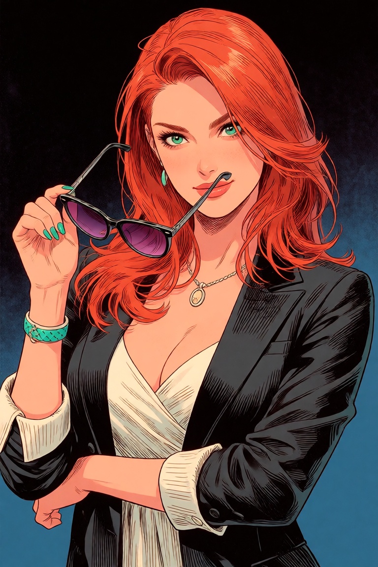 This is a digital illustration of a confident,  attractive woman with long,  vibrant red hair and green eyes. She is weari...