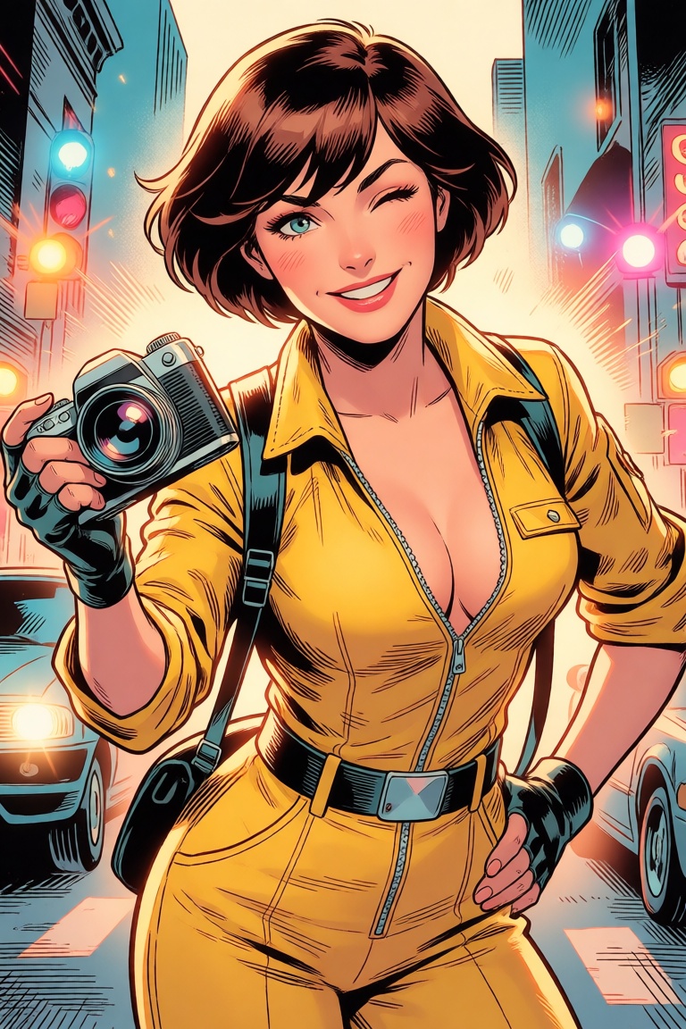 A vibrant TMNT style depiction of April O'Niel,  yellow jumpsuit,  short hair on Tensor.Art