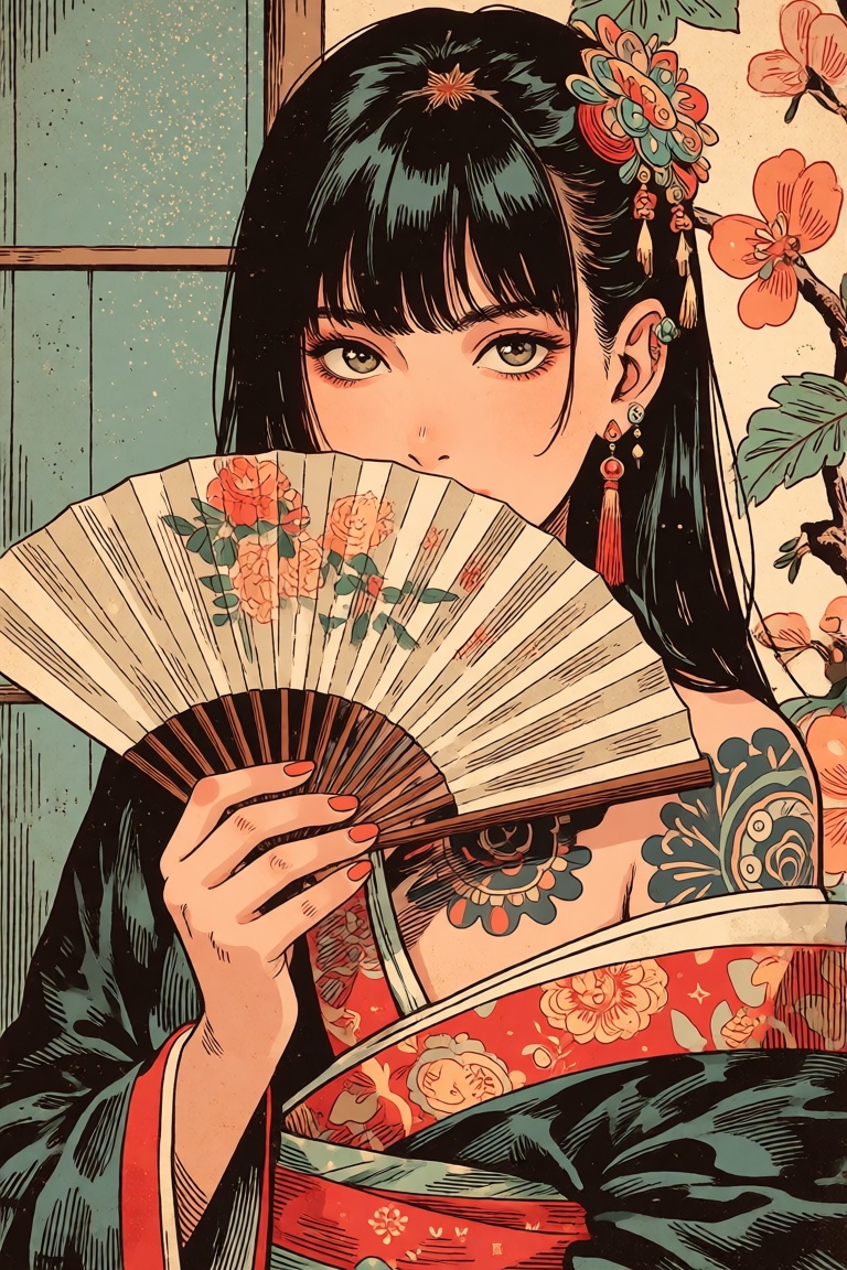 Create a masterpiece with the highest quality vintage comic,  featuring a solo 1girl with black hair and Japanese clothes....