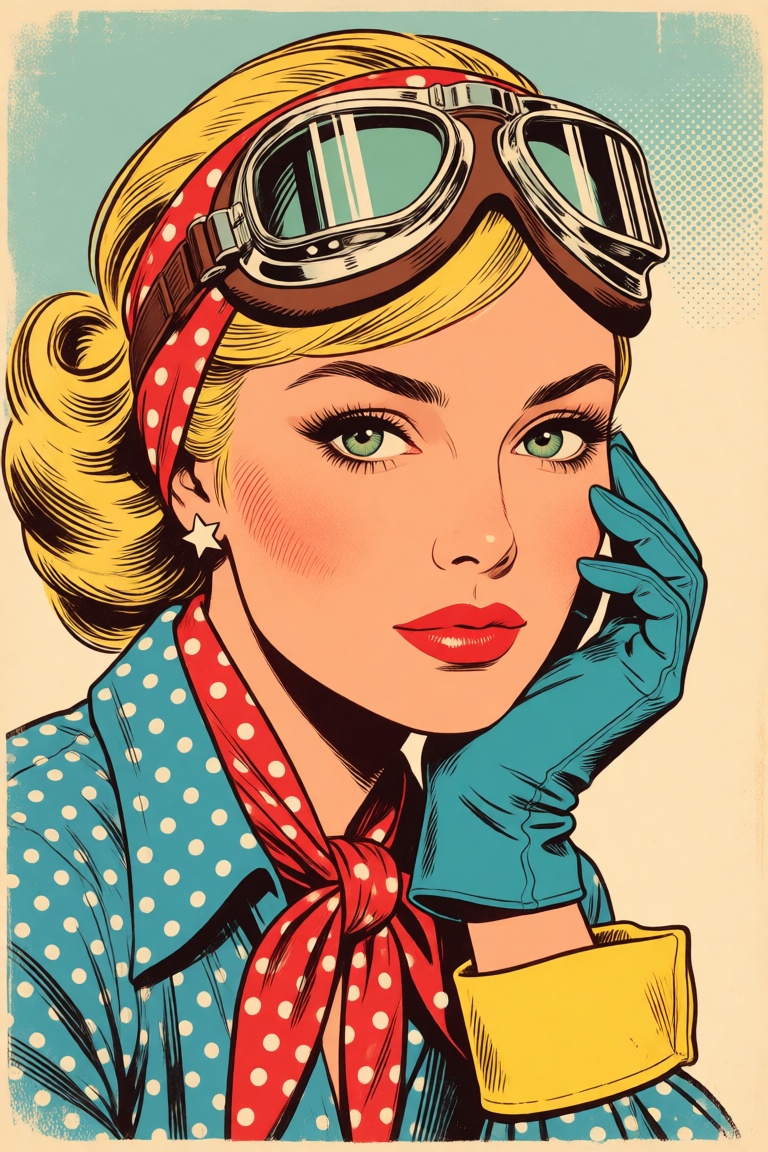 mid century pop art portrait of a blonde woman wearing vintage aviator goggles over a red and white polka dot headband. sh...