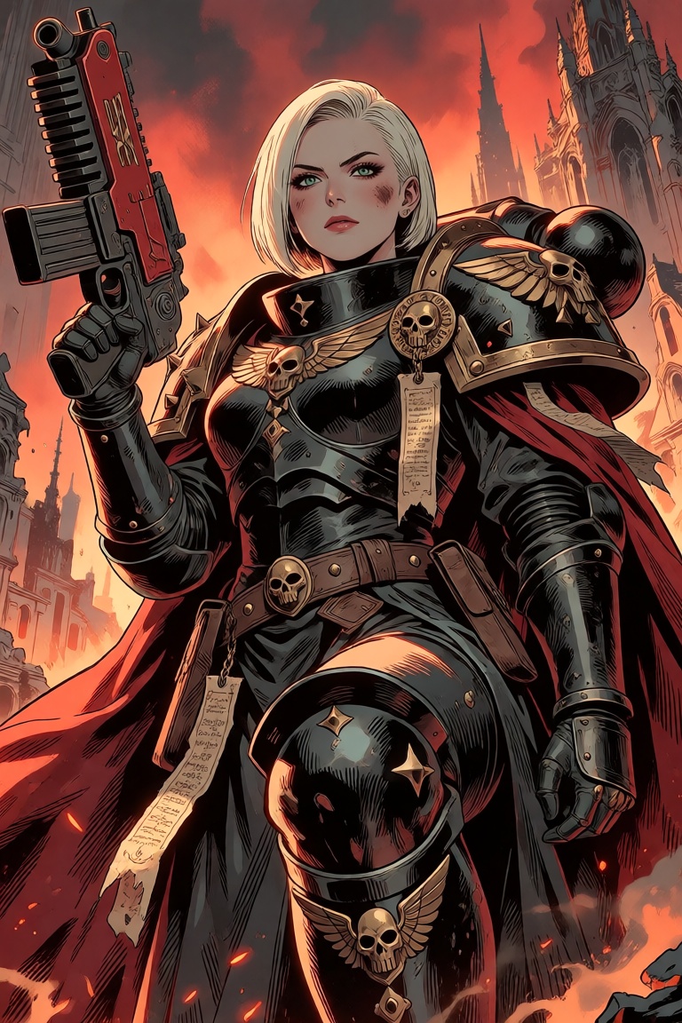 A full-body cinematic illustration of a stern female warrior with a short platinum-blonde bob haircut and sharp green eyes...