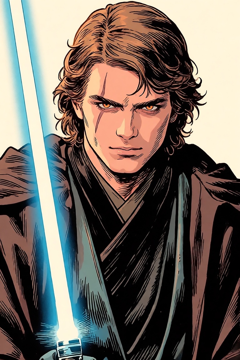 A comic style depiction of Anakin Skywalker from Star Wars. He has shoulder-length brown hair,  a facial scar over one eye...