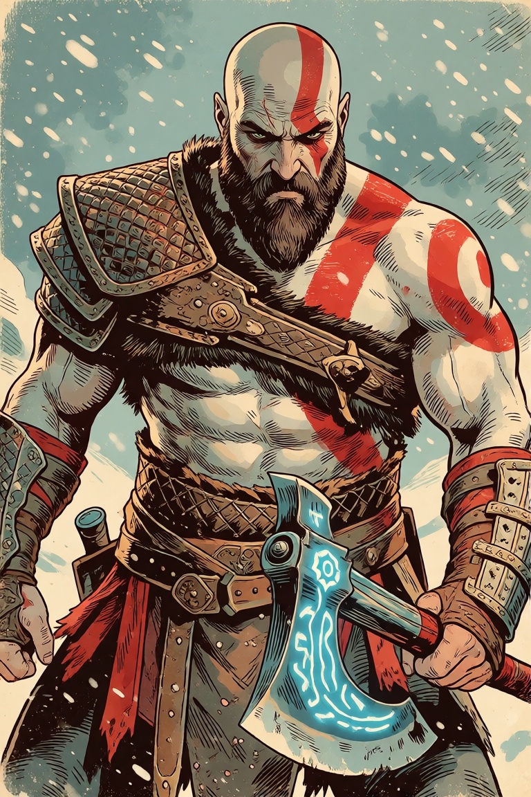 Vintage Comic Style,  Kratos,  manly on Tensor.Art