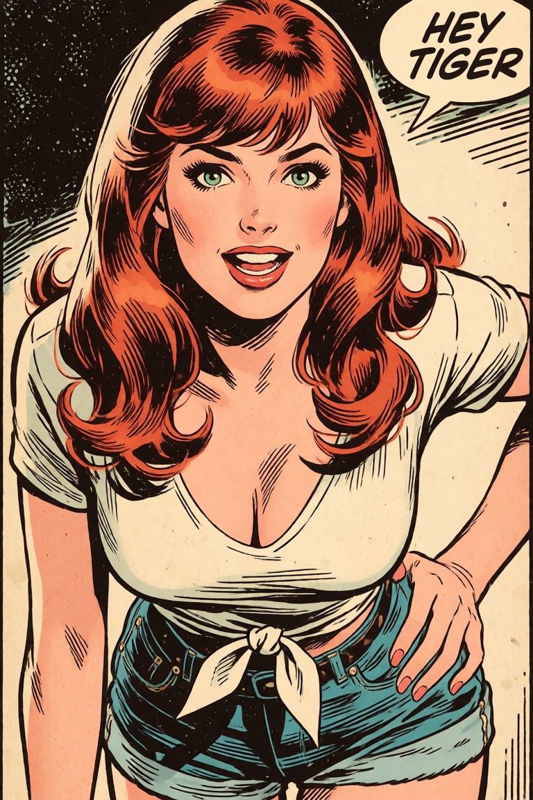 Full body 1950's comic book panel,  Mary Jane Watson looking at the viewer with playful expression,  hand on hip on Tensor...