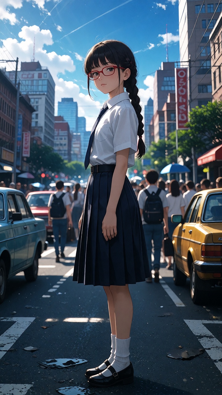 set in real world city,  a preteen girl with brown eyes,  long twintail braid hair on Tensor.Art