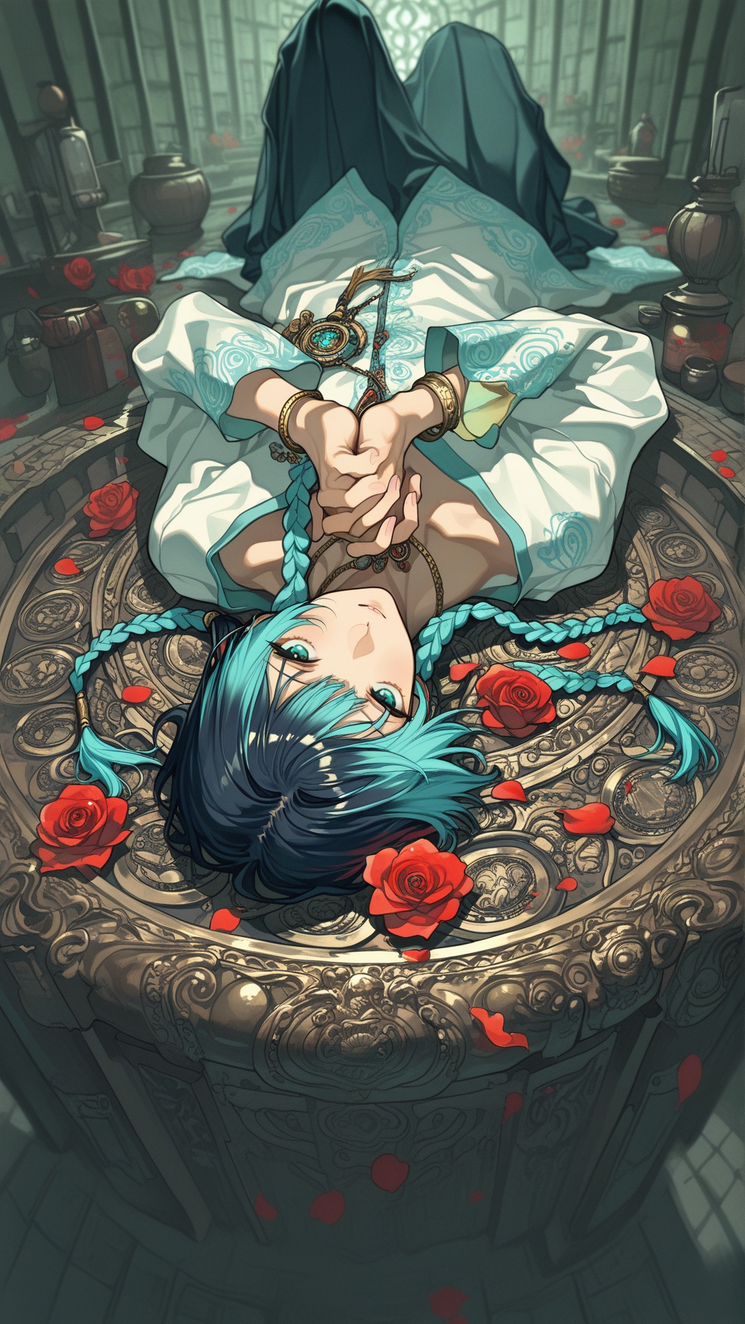 Japanese shojo manga. Center foreground: - a vibrant,  stylized scene of a person in a dynamic pose. The image depicts a h...