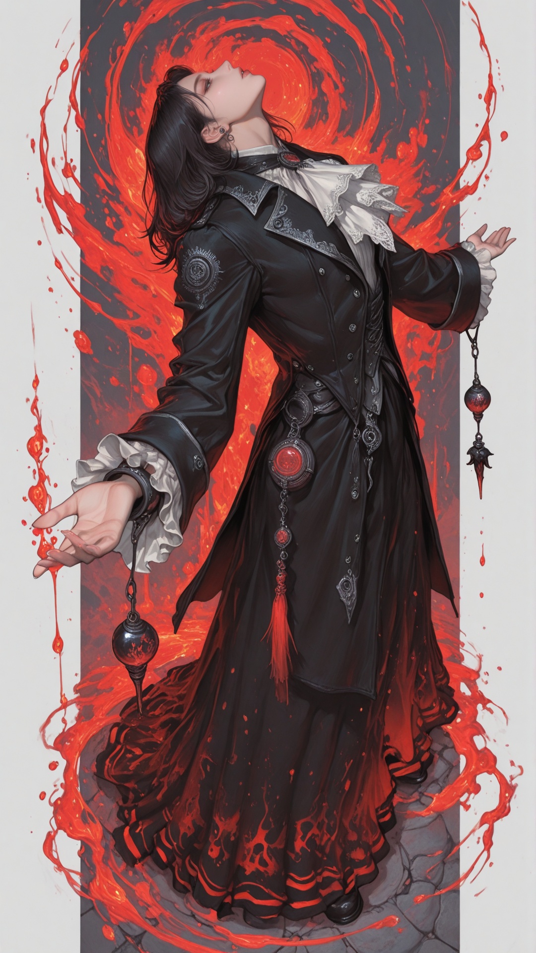 - a vibrant,  stylized scene. "A high-end dark fantasy digital illustration of a young man with short dark hair looking up...