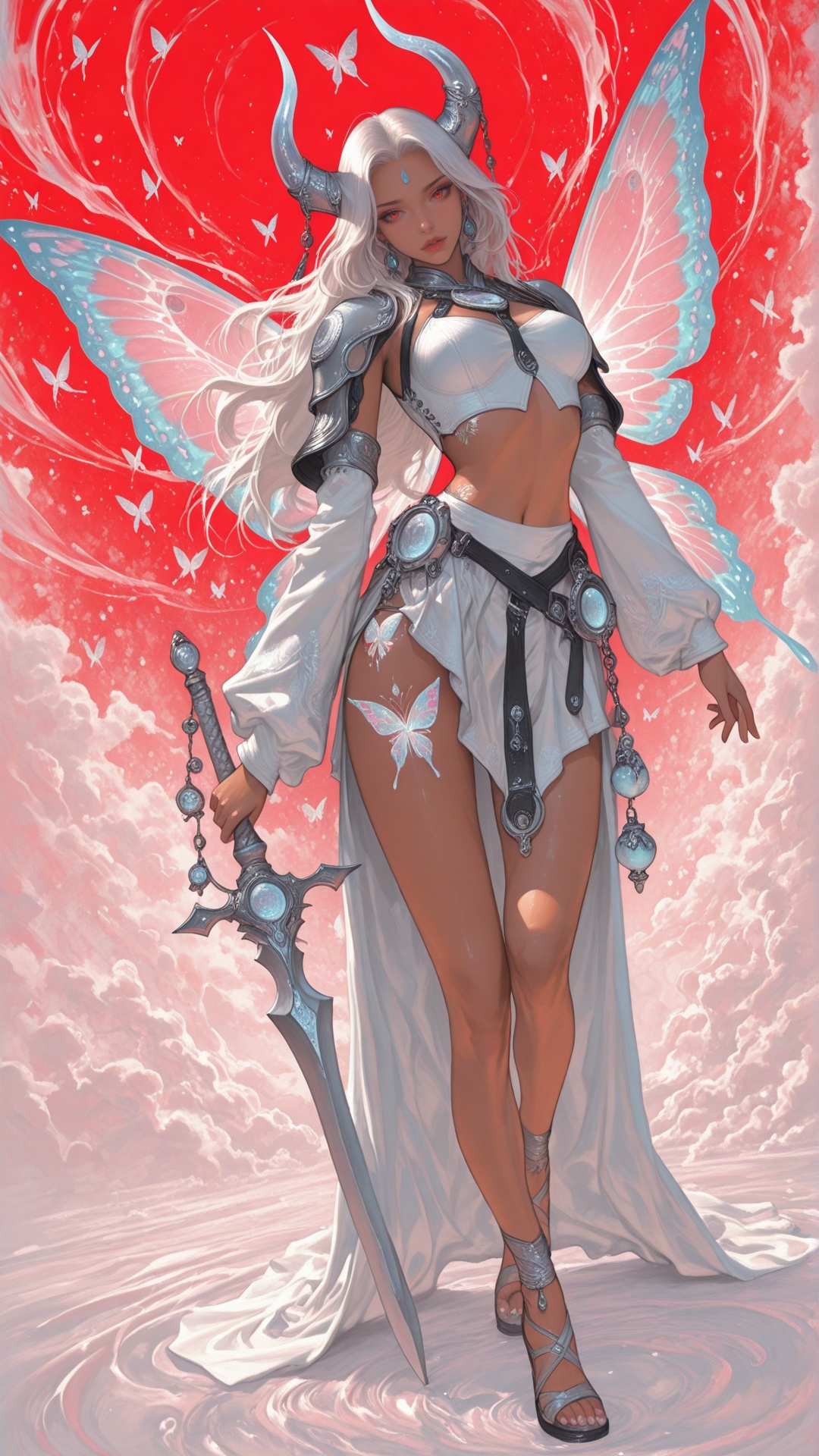 - a vibrant,  stylized scene. "A cinematic digital illustration of a pale-skinned female warrior with long,  flowing white...