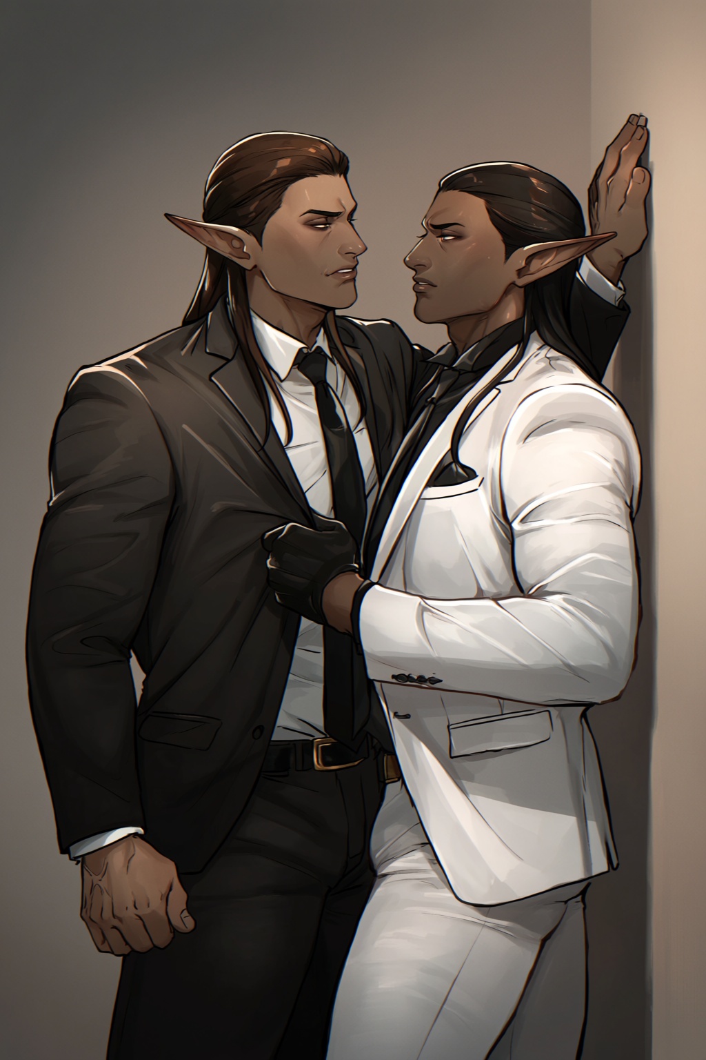 highres,  absurdres,  @teaforgods Two dark elves dressed in sharp on Tensor.Art