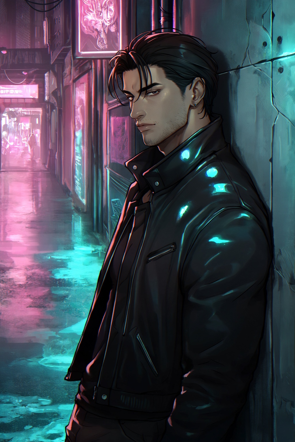 highres,  absurdres,  @teaforgods A ruggedly handsome man leans casually against a metallic wall in a futuristic on Tensor...