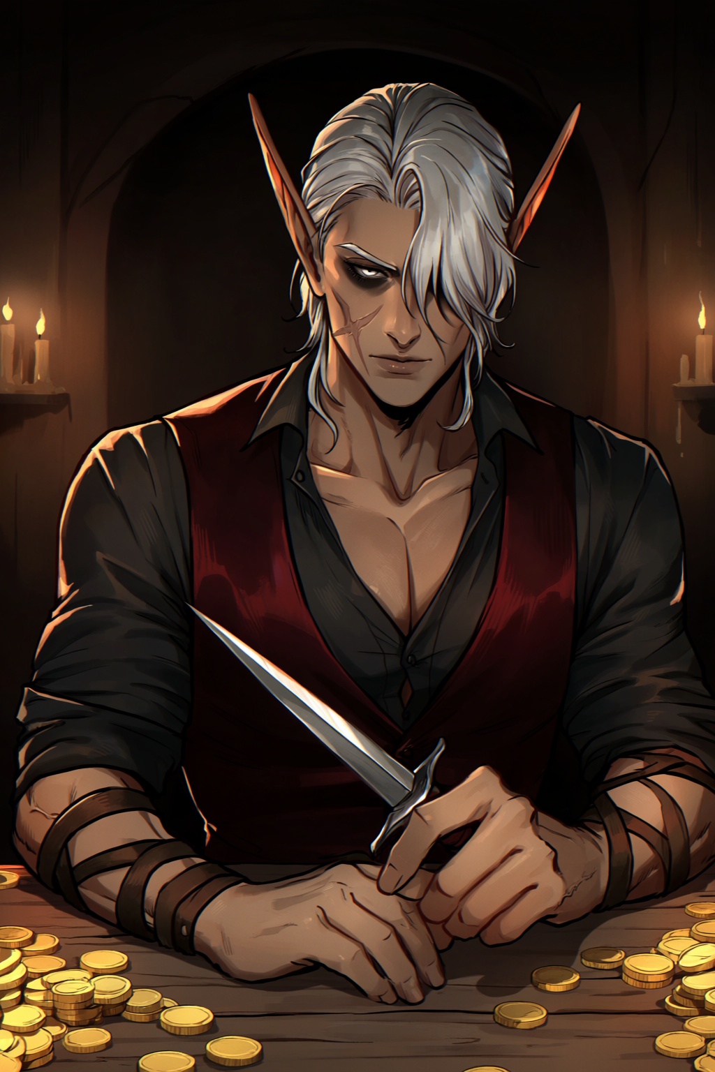 highres,  absurdres,  @teaforgods This digital illustration features a striking dark elf with elongated on Tensor.Art