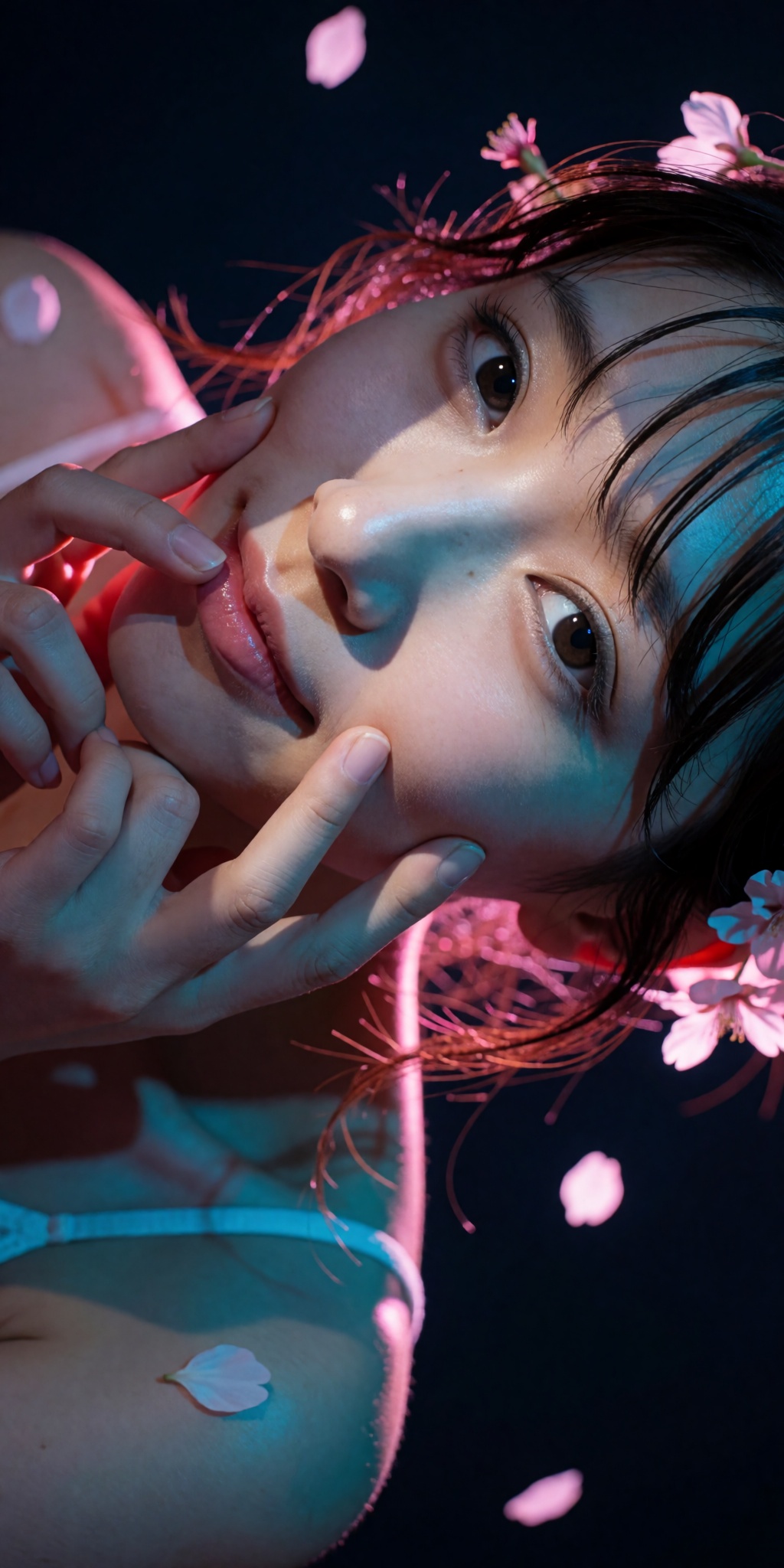 A raw,  photorealistic macro fashion portrait captured at a steep high-angle Dutch-tilt perspective looking down from abov...