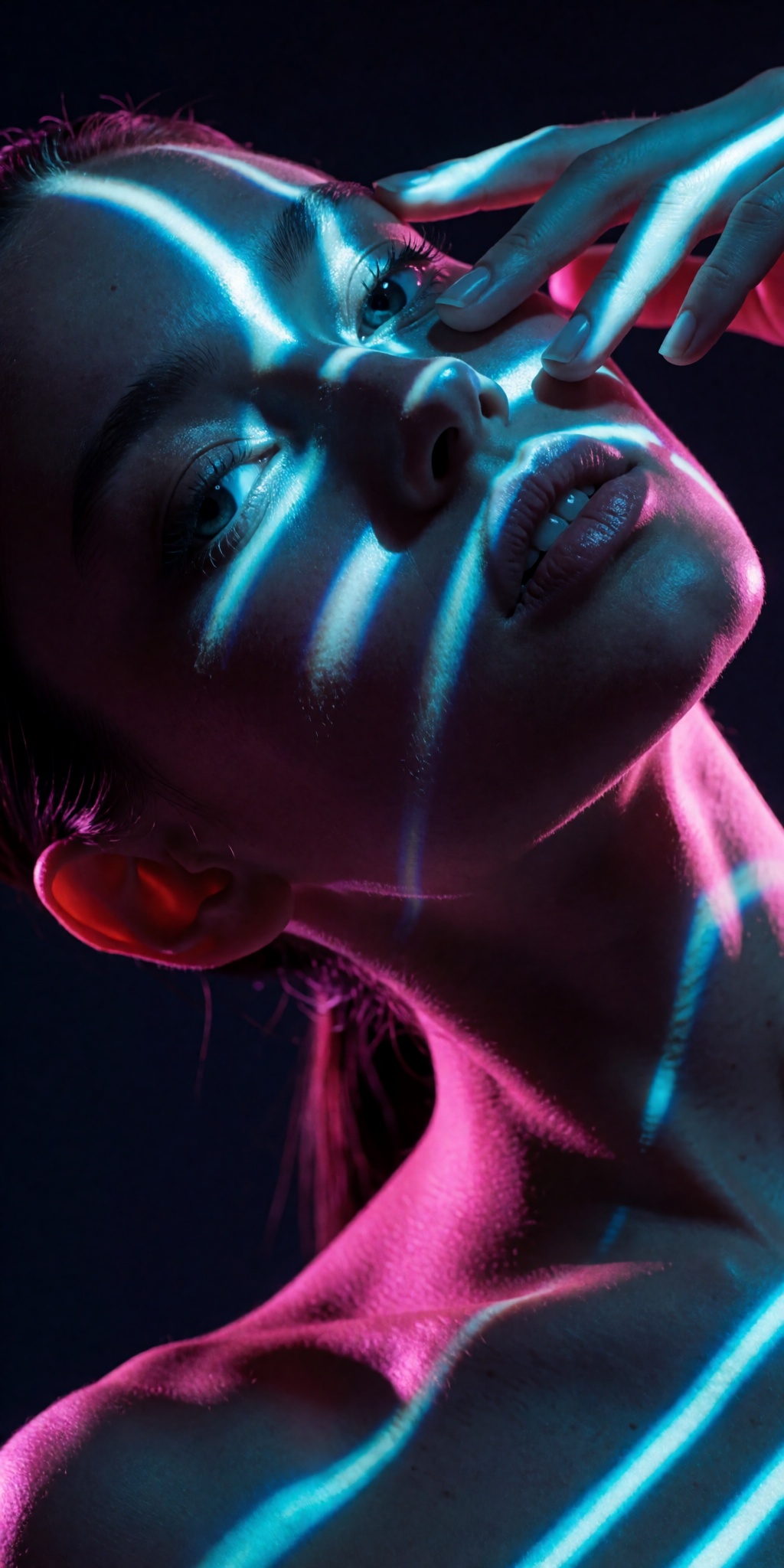 A raw,  photorealistic macro fashion portrait captured at a steep high-angle Dutch-tilt perspective looking down from abov...