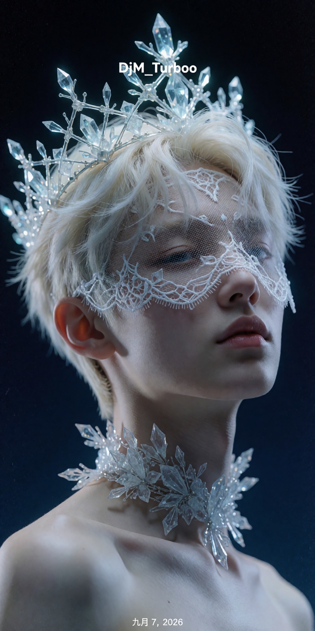 A highly detailed,  digitally manipulated ultra-photorealistic portrait of a mysterious young figure with porcelain pale s...