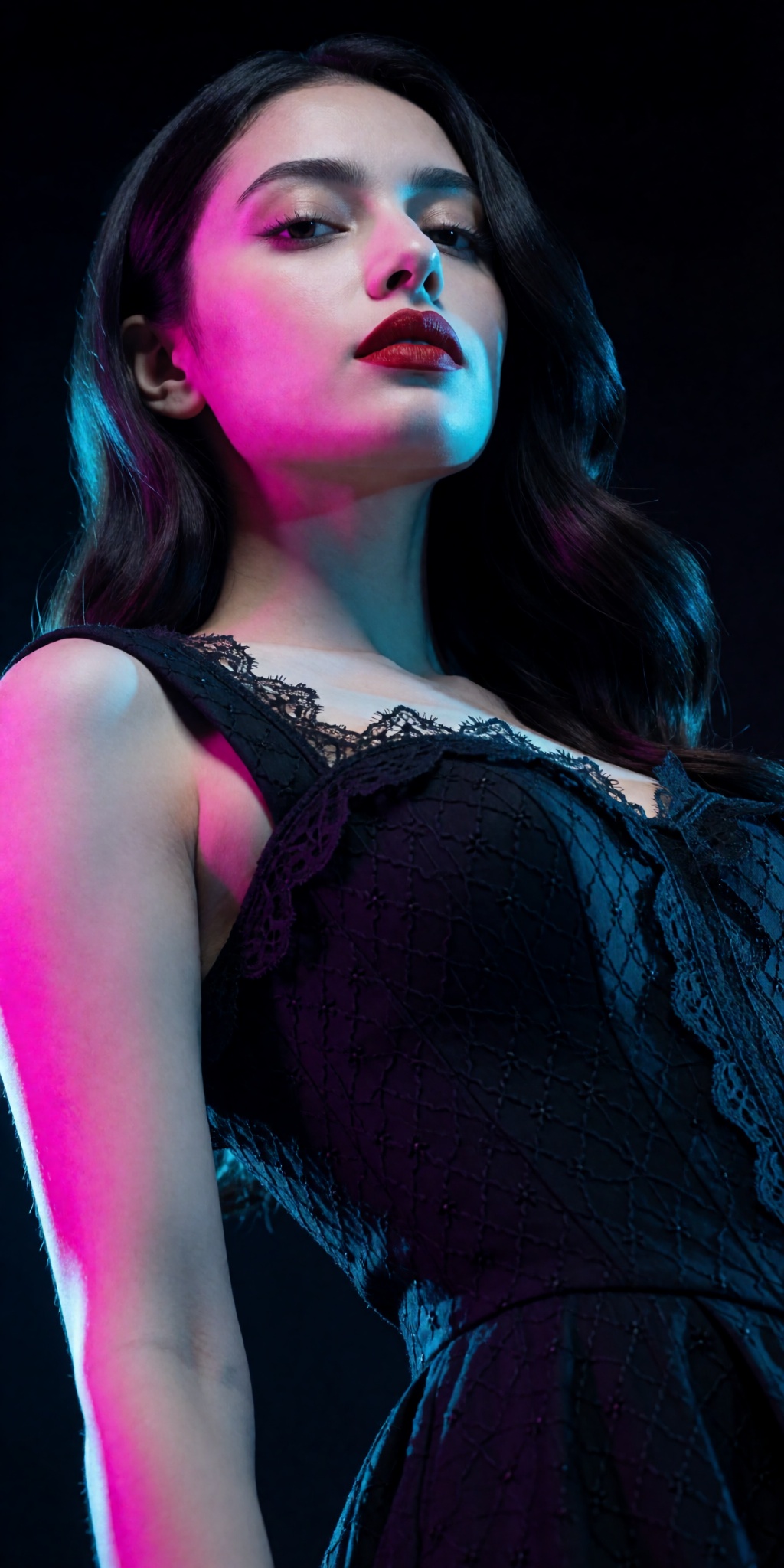 An ultra-realistic cinematic high-fashion photograph captured from an extreme low-angle tilt looking upward from waist lev...