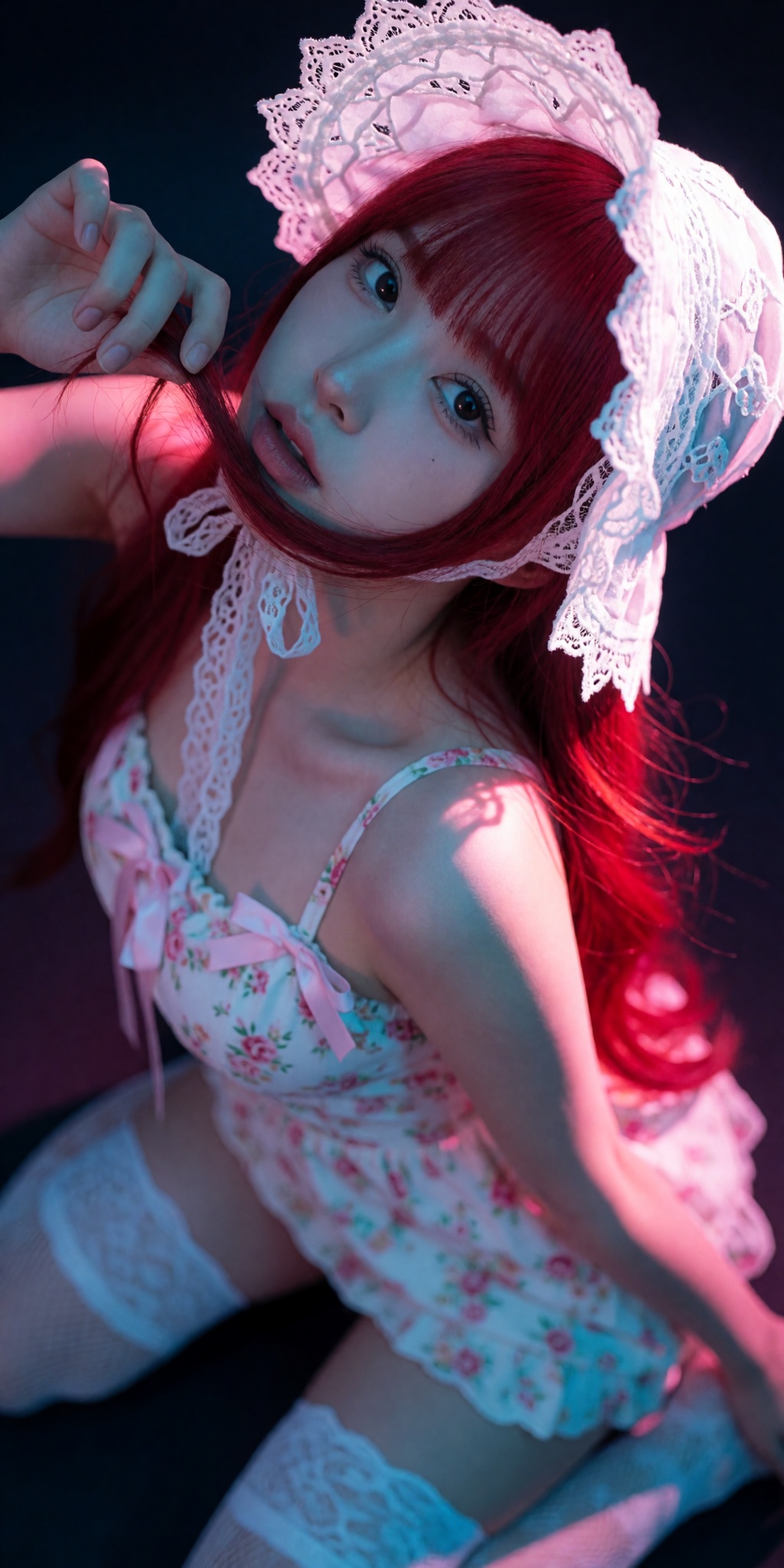 A raw,  photorealistic macro fashion portrait captured at a steep high-angle Dutch-tilt perspective looking down from abov...