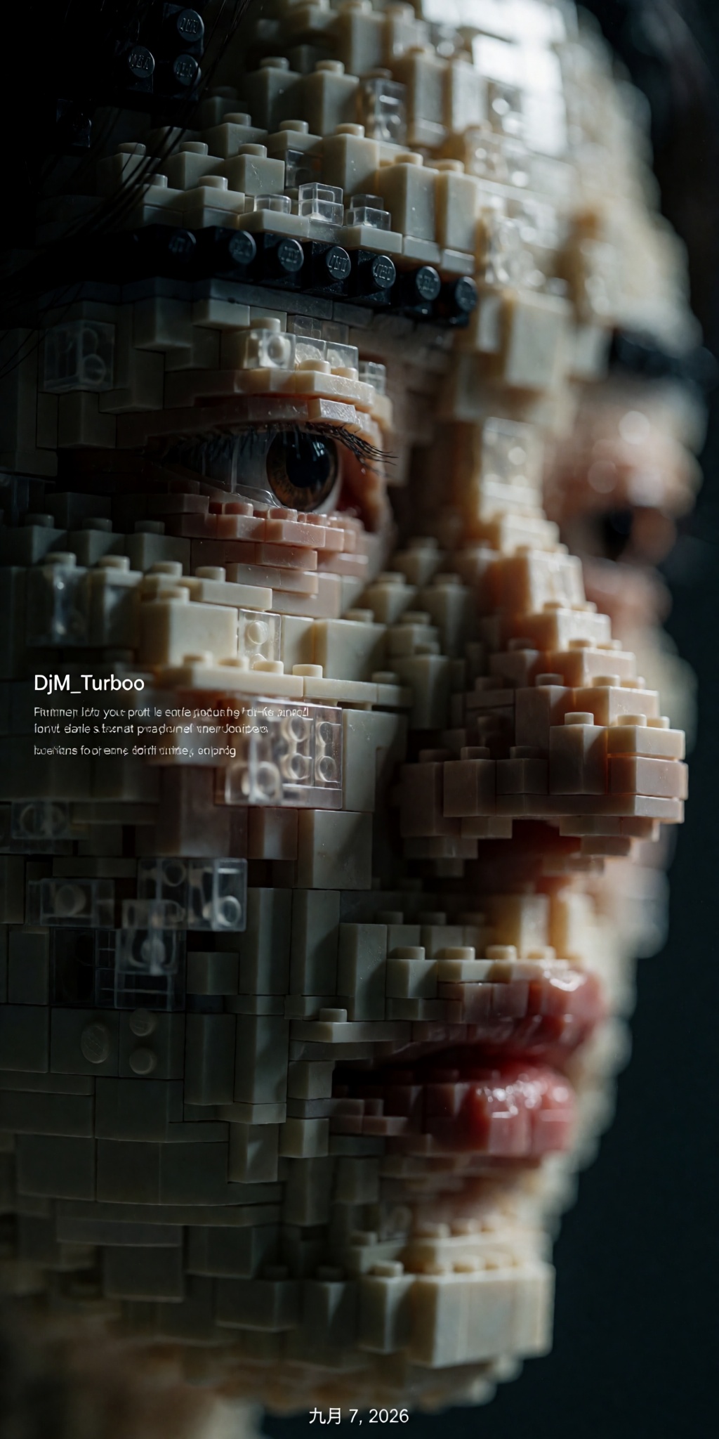 A surreal macro portrait of a contemplative human face sculpted entirely from thousands of tiny building blocks arranged w...