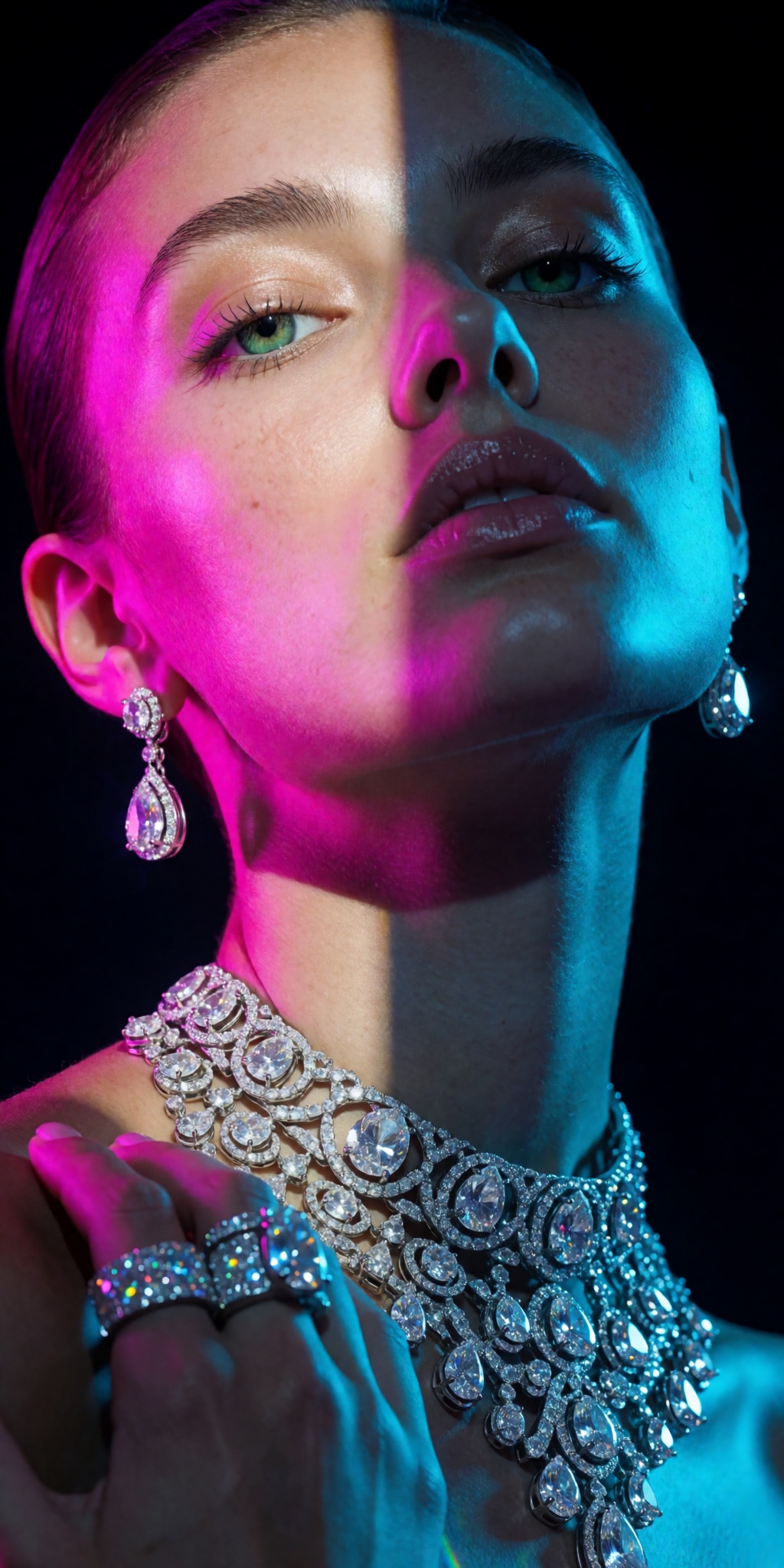 An ultra-realistic cinematic high-fashion photograph captured from an extreme low-angle tilt looking upward from chest hei...