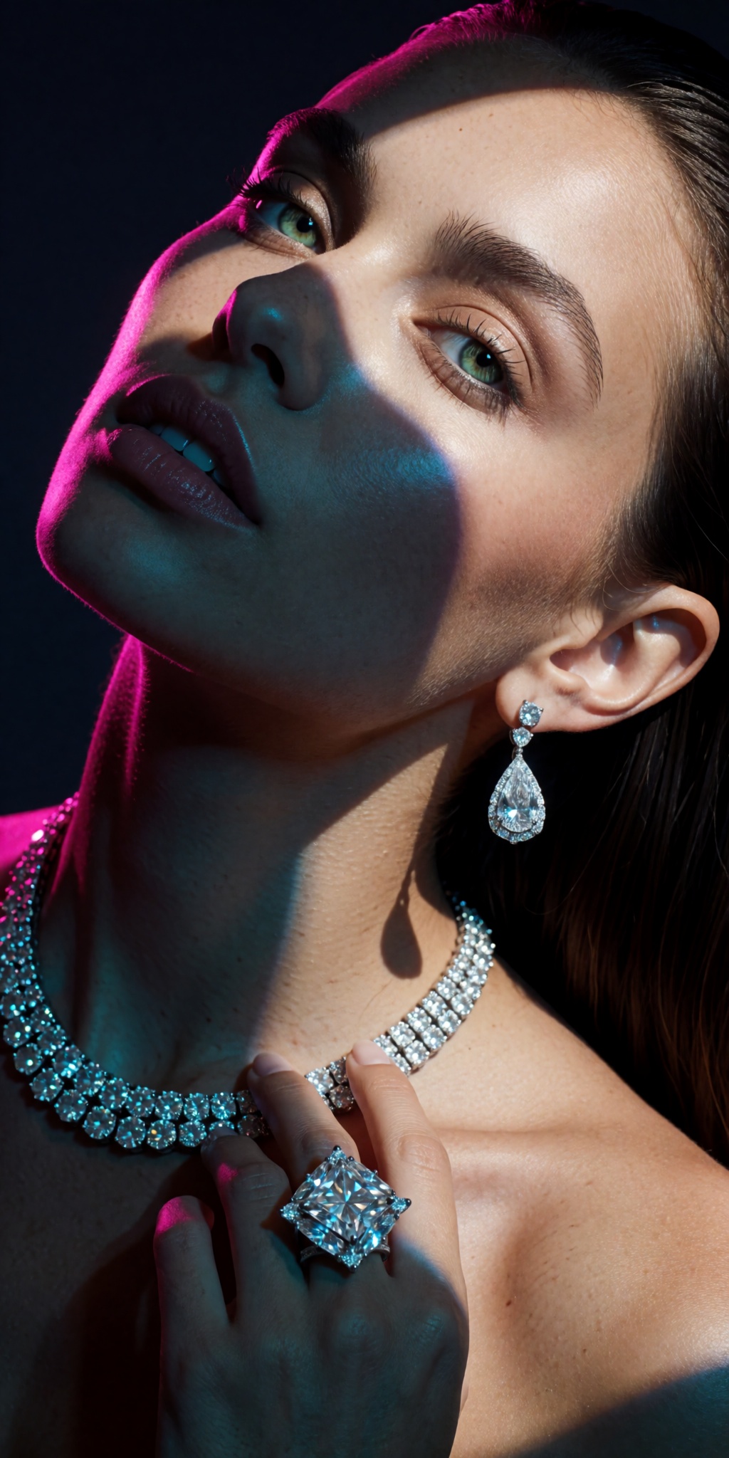A raw,  photorealistic macro fashion portrait captured at a steep high-angle Dutch-tilt perspective looking down from abov...