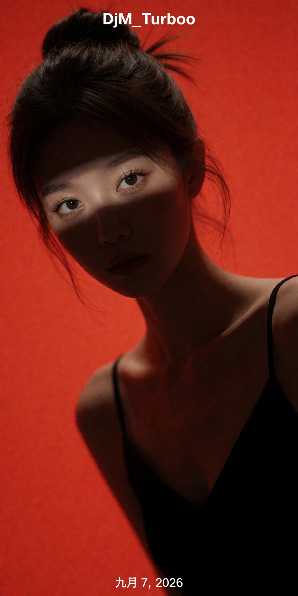 An ultra-detailed minimalist studio portrait emphasizing emotional intensity through light and shadow. A young woman with...