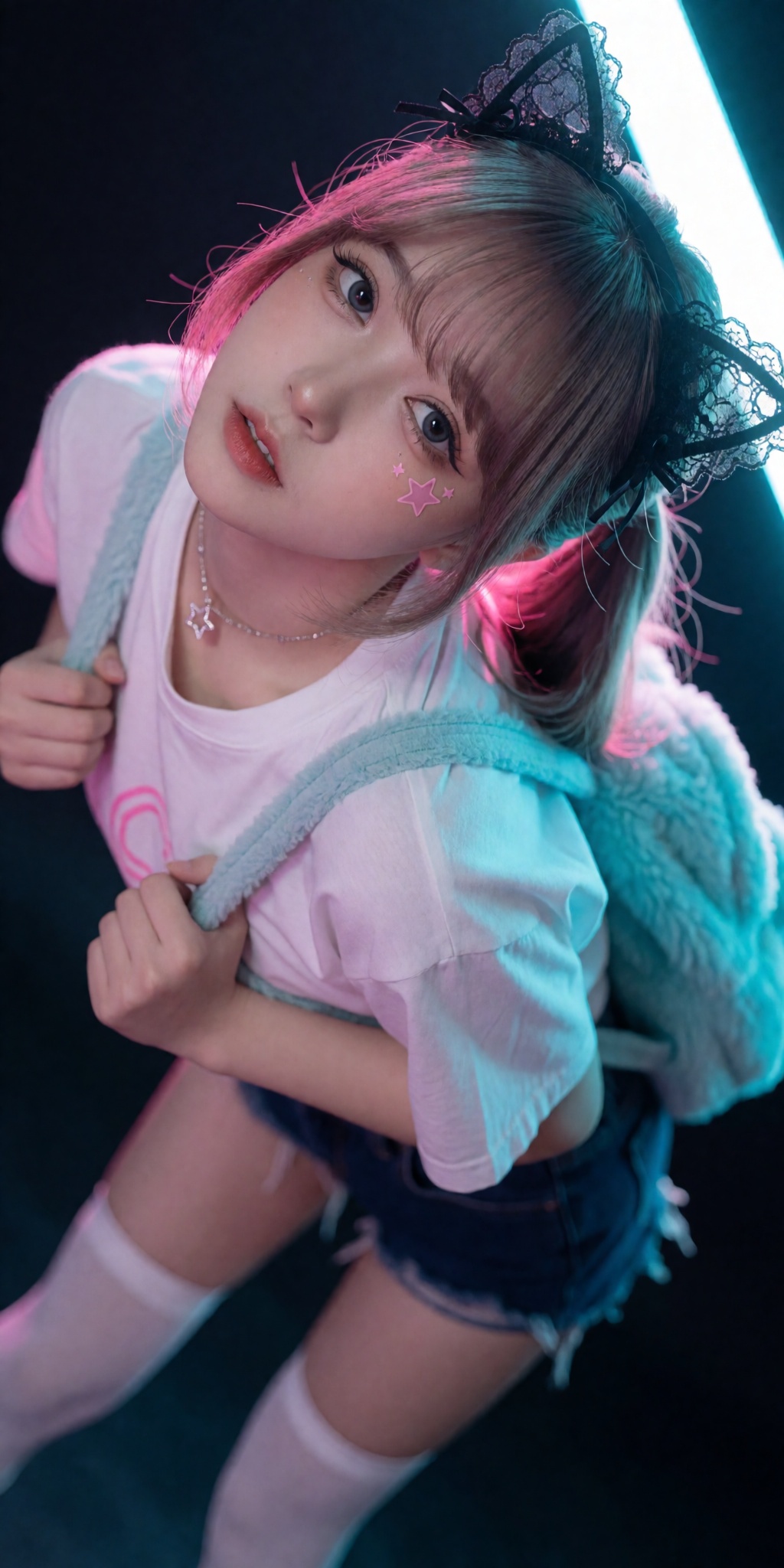 A raw,  photorealistic macro fashion portrait captured at a steep high-angle Dutch-tilt perspective looking down from abov...