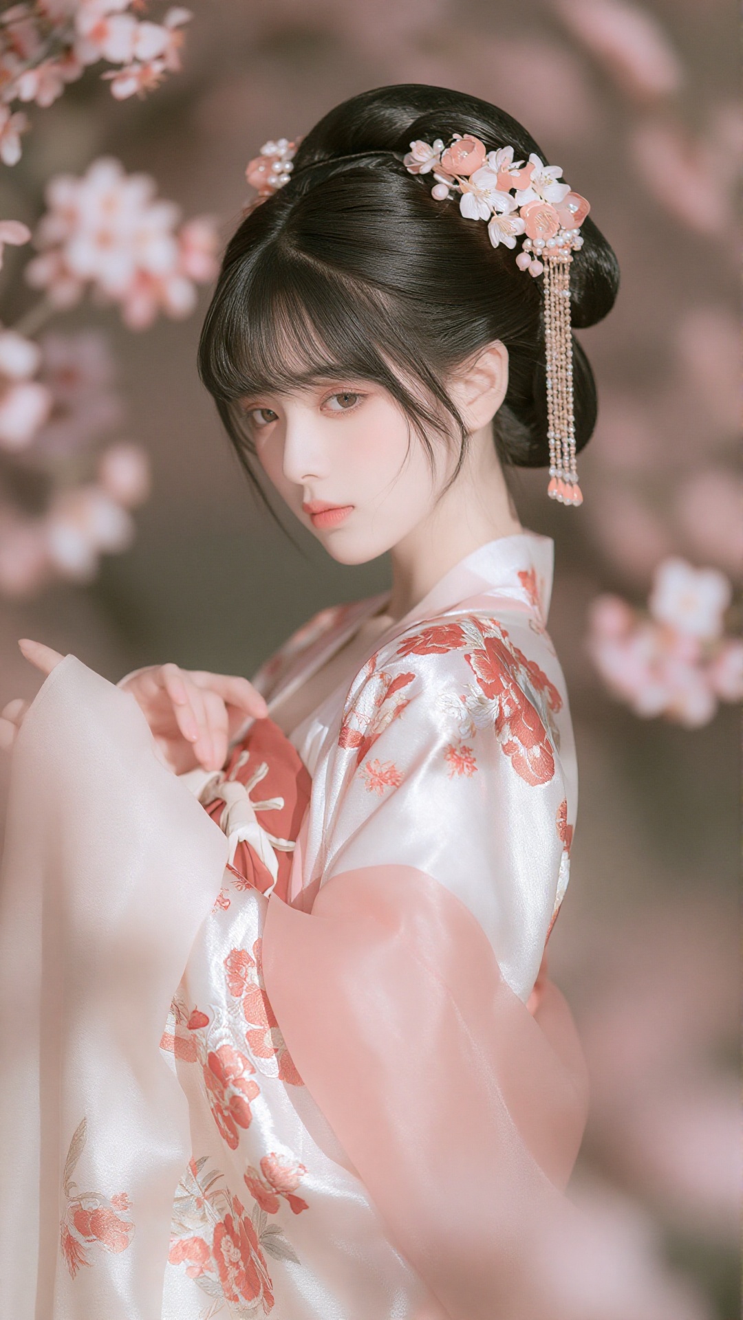 this is a photograph of an east asian woman with fair skin and delicate features,  dressed in a pink and white floral silk...