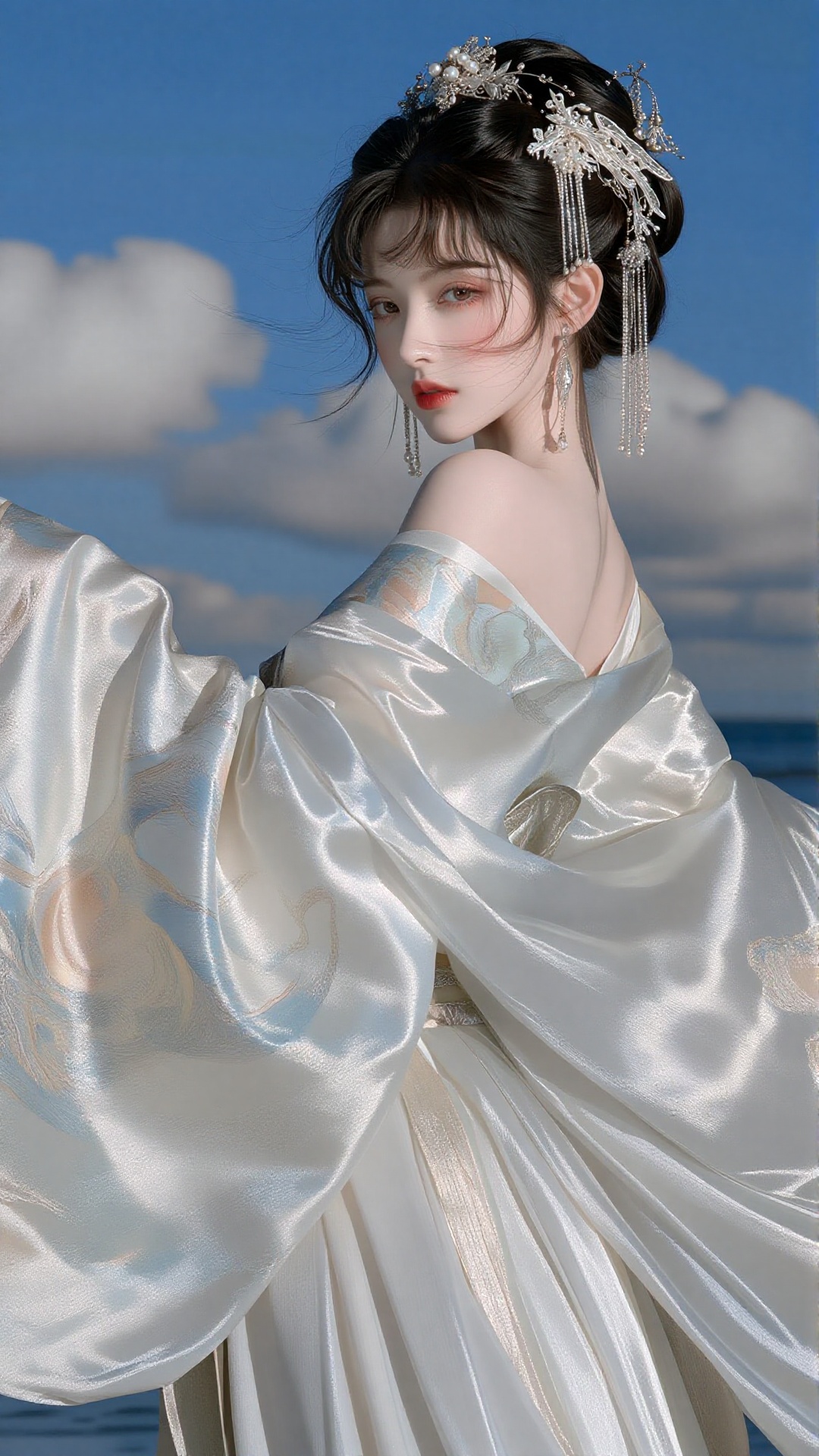 this is a highly detailed,  digital cgi artwork of an ethereal asian woman with pale skin and delicate features,  standing...