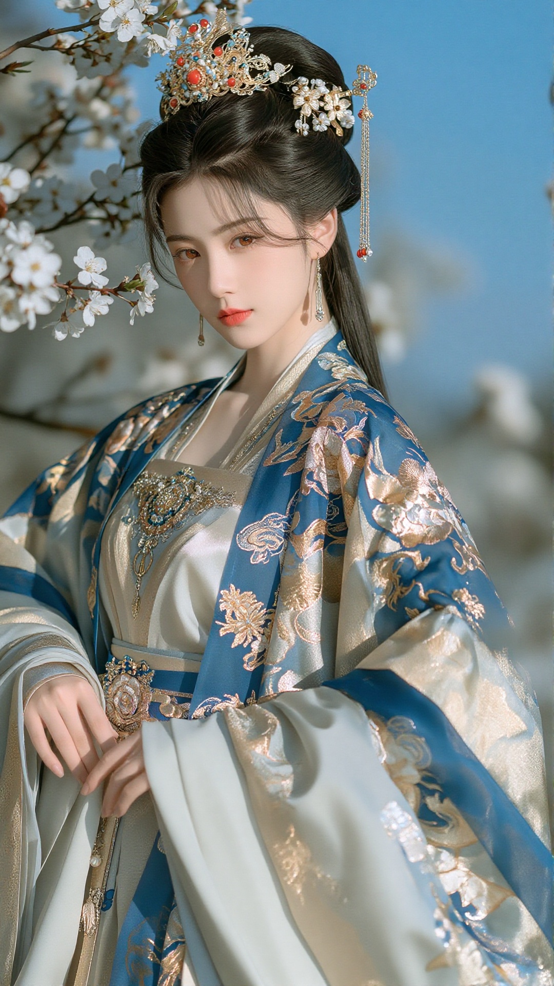 the image portrays a woman in an elaborate traditional chinese hanfu,  richly adorned with intricate patterns and luxuriou...