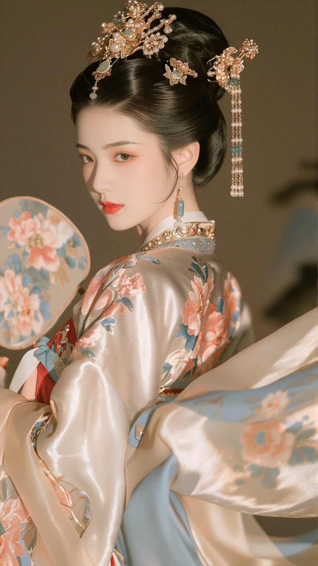 photograph of an east asian woman with fair skin and delicate features,  dressed in an ornate,  traditional chinese silk g...